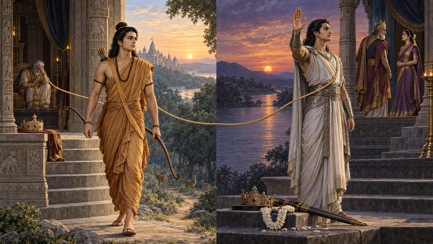 A split epic scene shows Rama leaving a palace for the forest and Bhishma making a vow beside a river, with their royal fathers in the background and symbols of inheritance and marriage set aside.