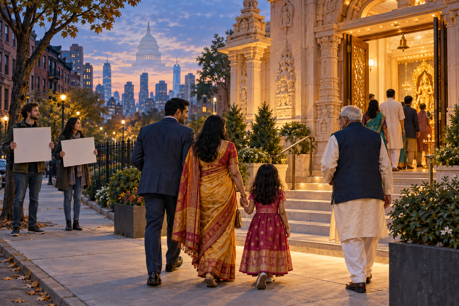 Hindu worshippers approach a warmly lit New York temple while two peaceful demonstrators remain beside the unobstructed sidewalk, with a faint Capitol dome in the distance.