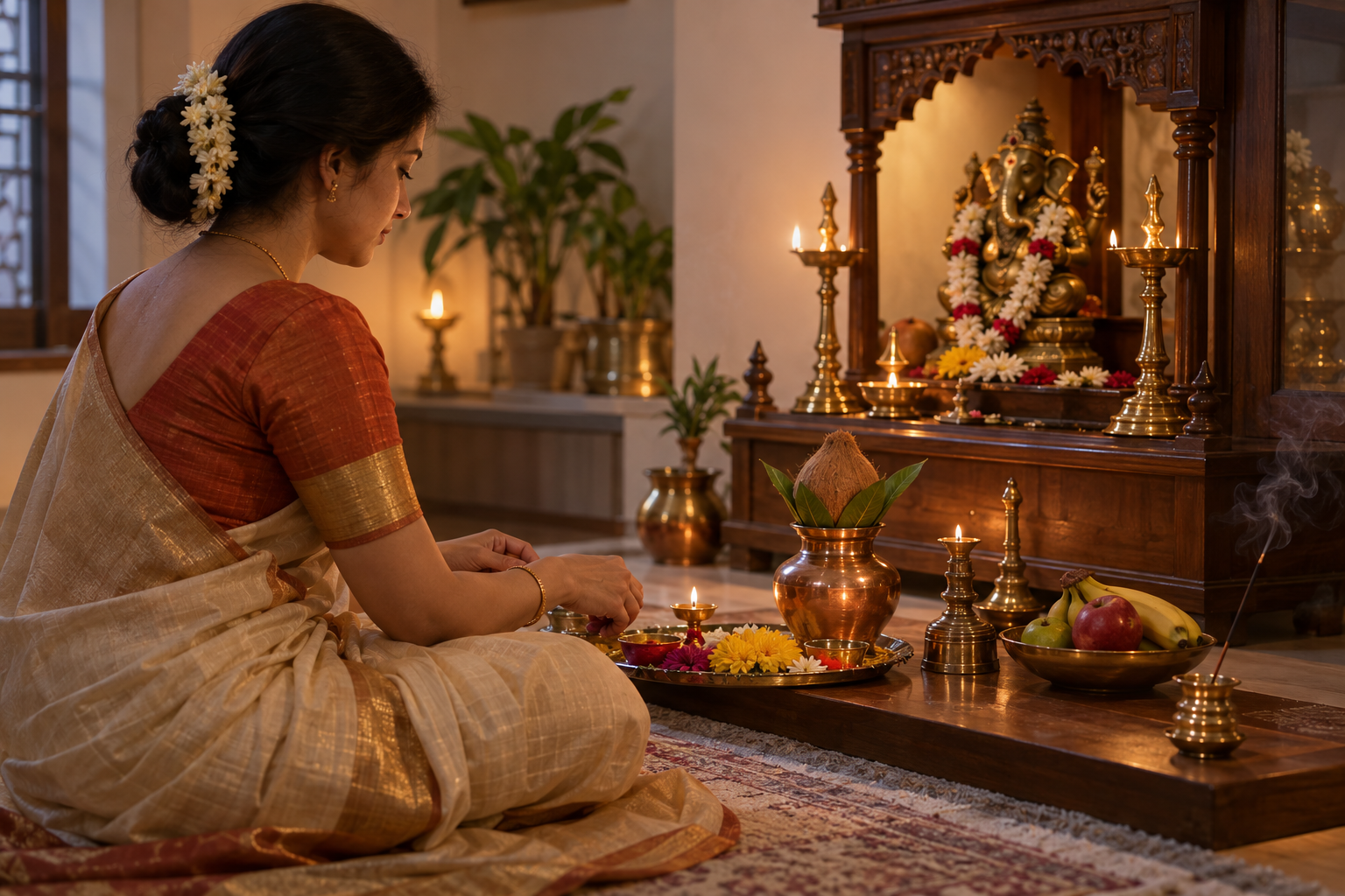 A devotee prepares an evening puja with a brass lamp, water vessel, fruit, flowers, incense, and sacred thread.