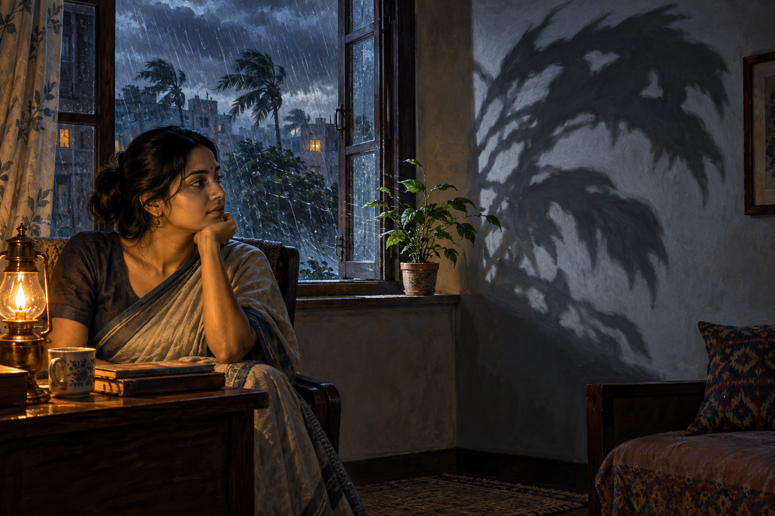 A seated woman calmly compares a small plant with the large distorted shadow it casts during a storm.