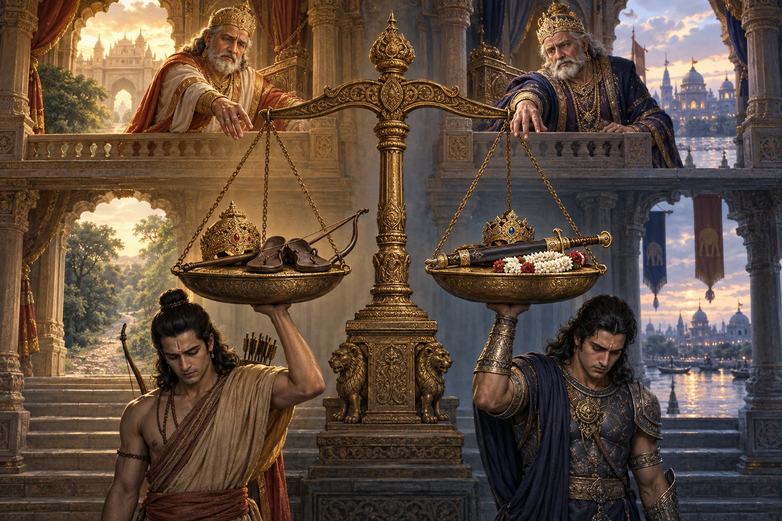 An allegorical balance holds a crown, forest sandals, a bow, a sword, and a wedding garland while two younger princes bear the weight beneath older royal figures.