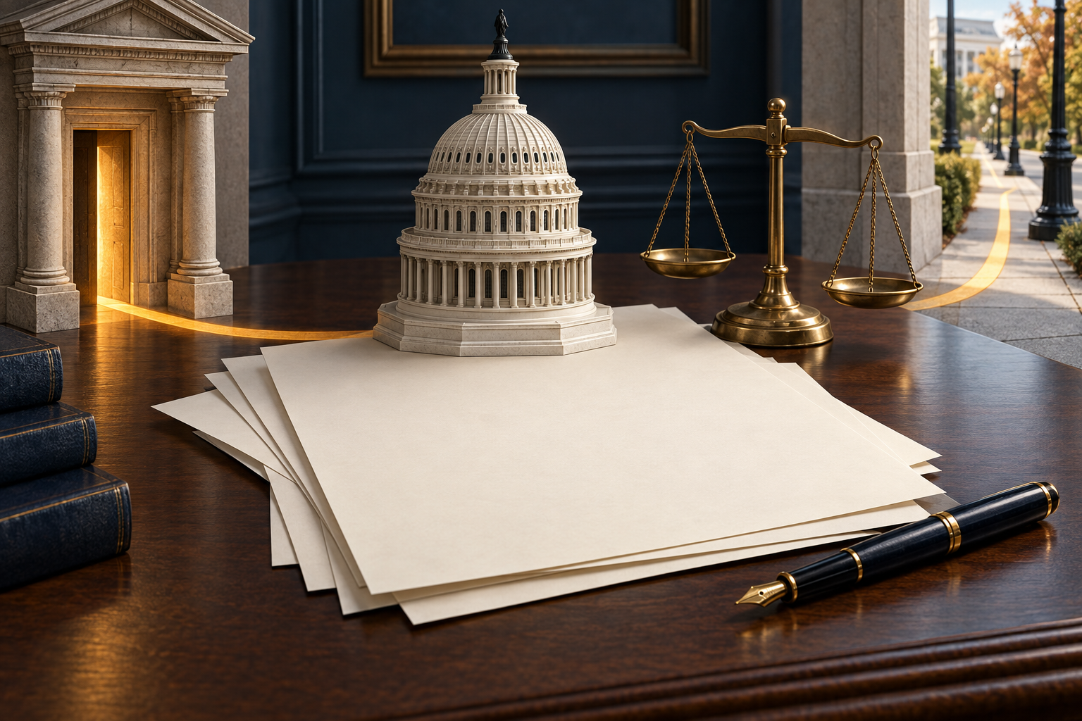 A blank, unbound legislative document lies beside a brass balance scale and a model Capitol dome, with a small temple doorway and public sidewalk represented nearby.