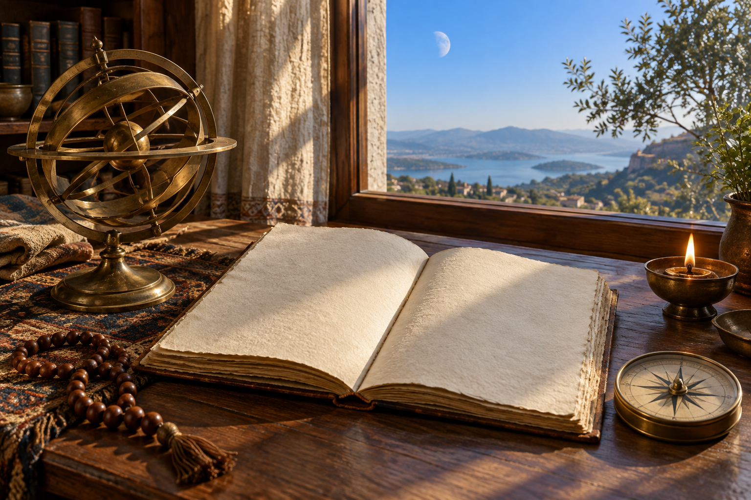 A blank almanac, brass astronomical instrument, prayer beads, compass, and oil lamp arranged beside a sunlit window with the moon visible outside.
