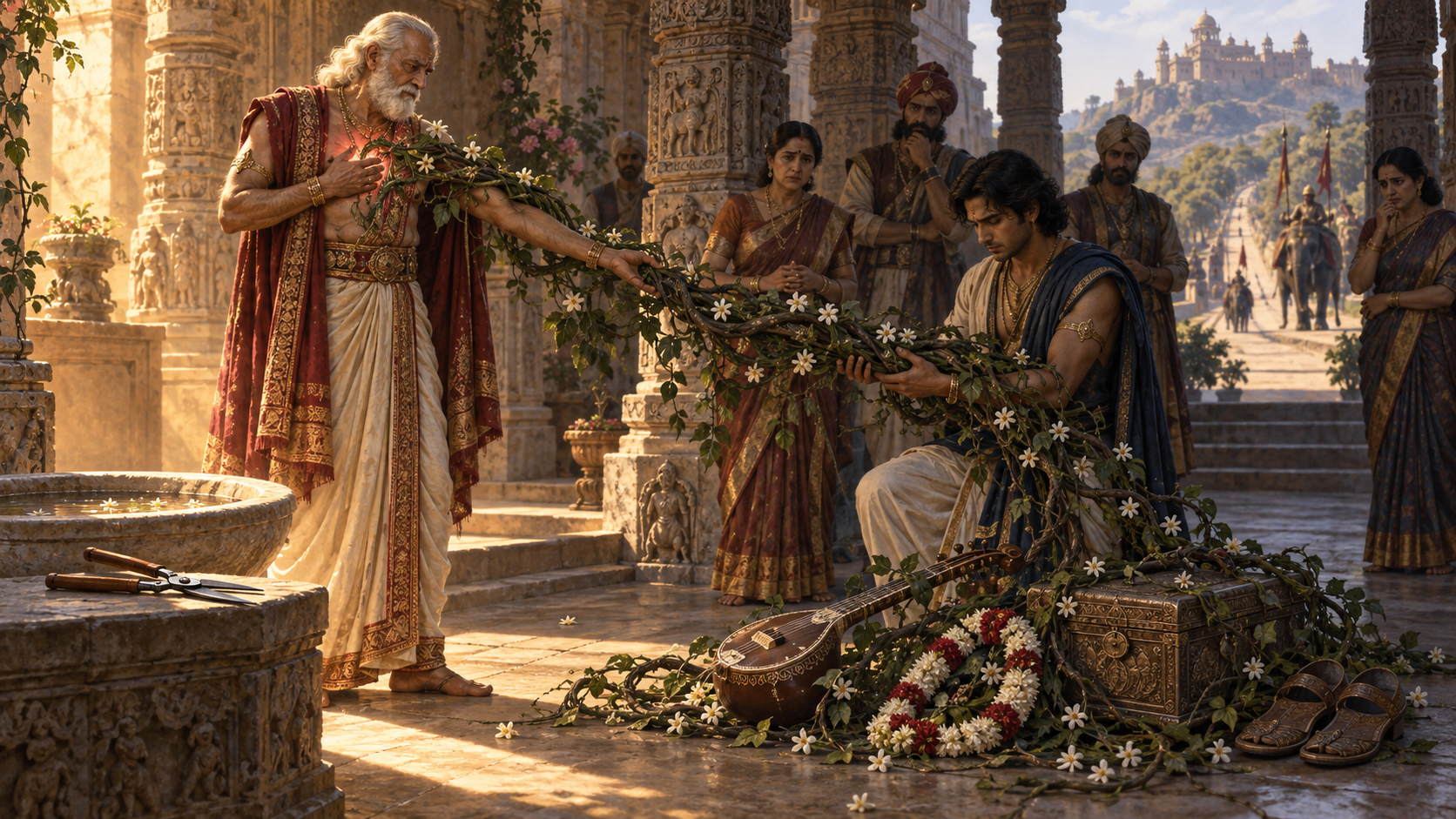 An elder passes a heavy flowering vine to a younger relative while symbols of marriage, vocation, inheritance, and travel lie entangled beneath it.