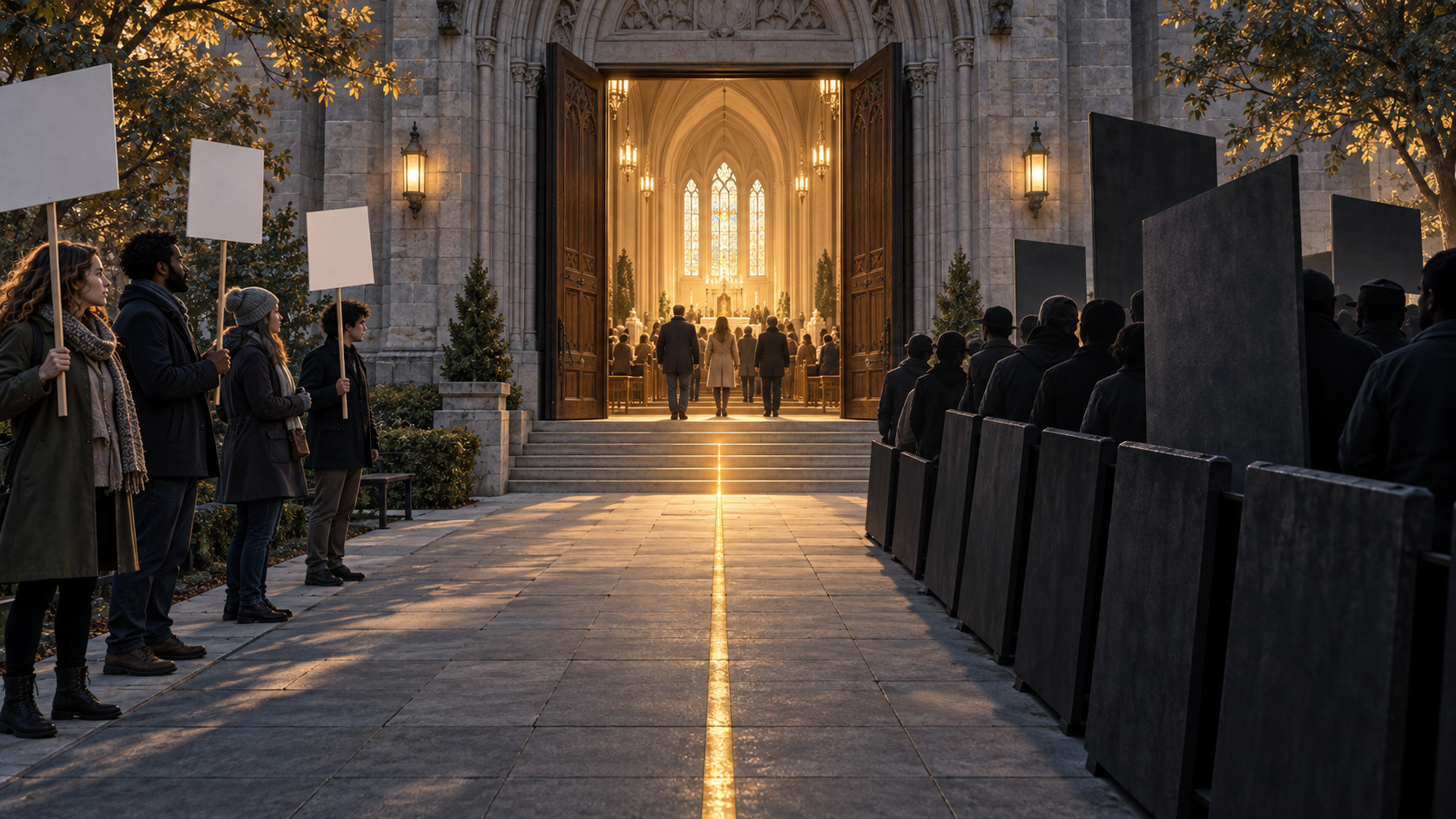 A clear walkway to a sanctuary is bordered by peaceful demonstrators on one side and dark abstract barriers crowding the path on the other.