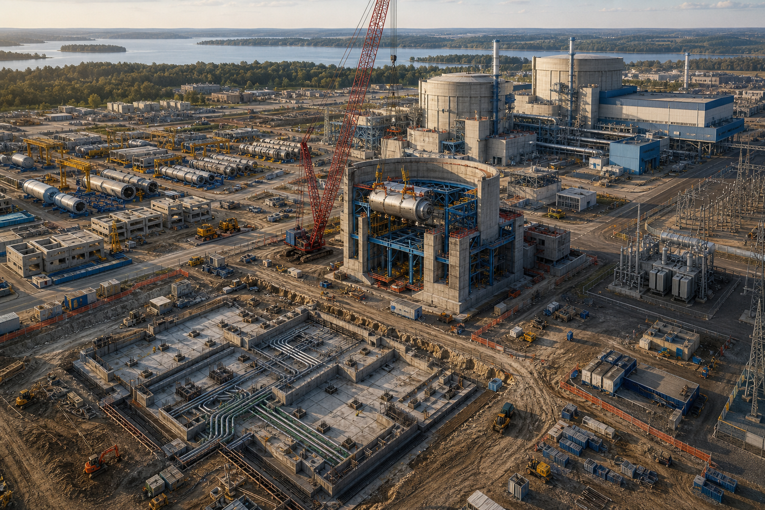 Three matching pressurised heavy water reactor units appear at foundation, assembly and operating stages beside standardized components and fabrication facilities.