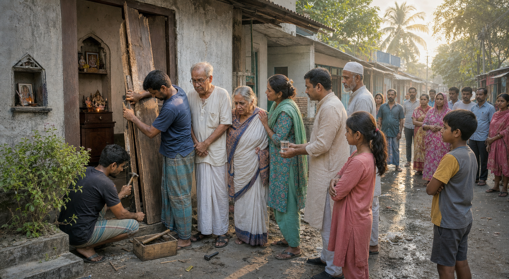 Neighbors of varied backgrounds protect an elderly Hindu couple and help repair the broken doorway of their Bangladeshi home.