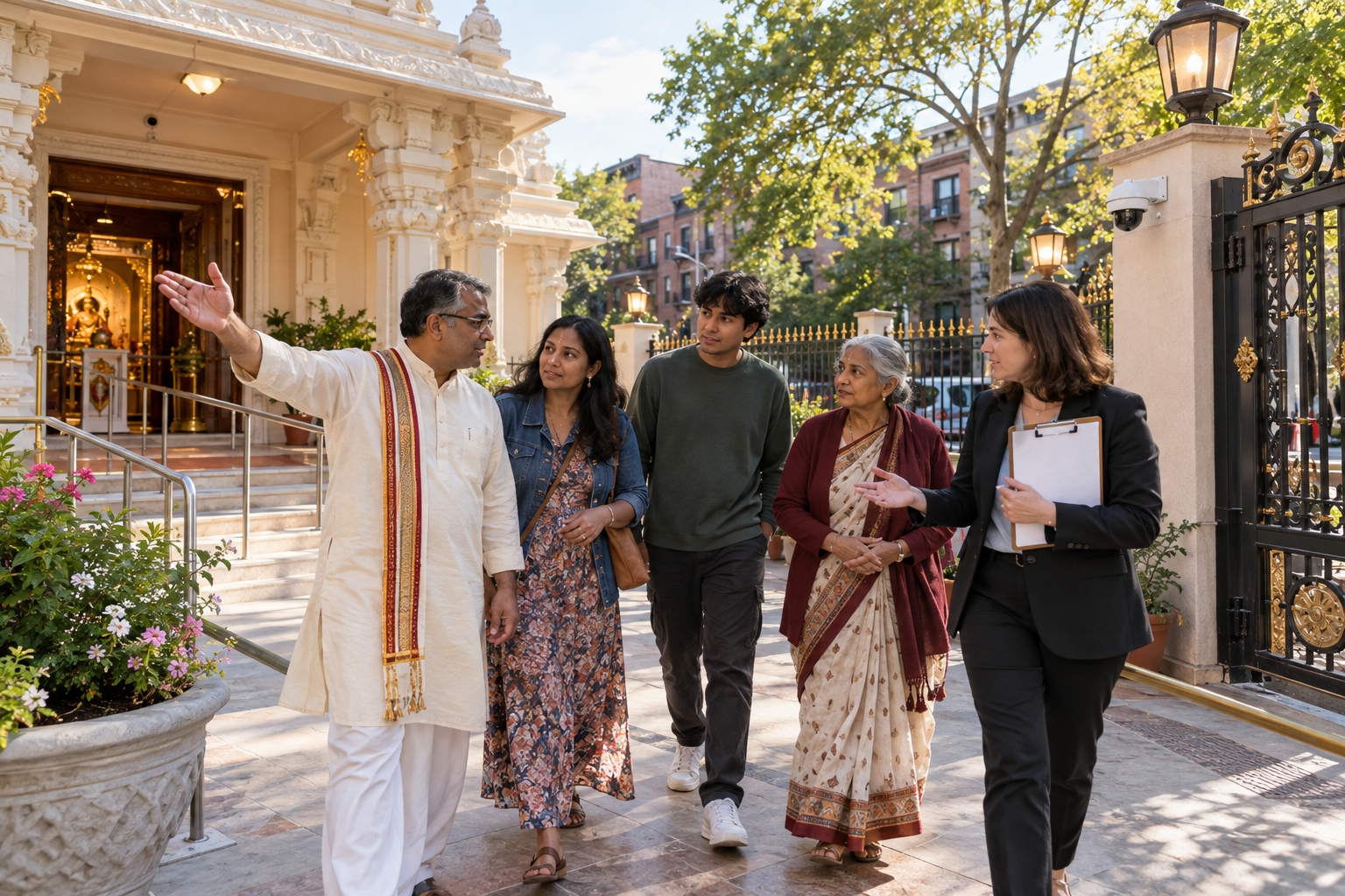 A multigenerational group walks through a Hindu temple courtyard while examining the entrance, lighting, pedestrian route, and security camera.