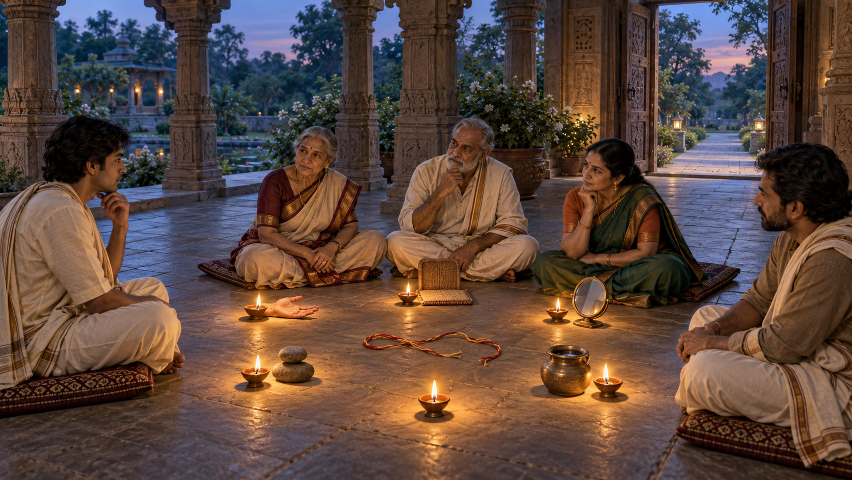 Three generations sit in an equal circle around six oil lamps and symbolic objects representing consent, fairness, motives, alternatives, absent interests, and shared consequences.
