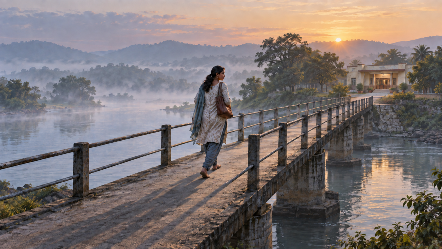 A woman continues across a footbridge at dawn while a long shadow trails behind her in the mist.