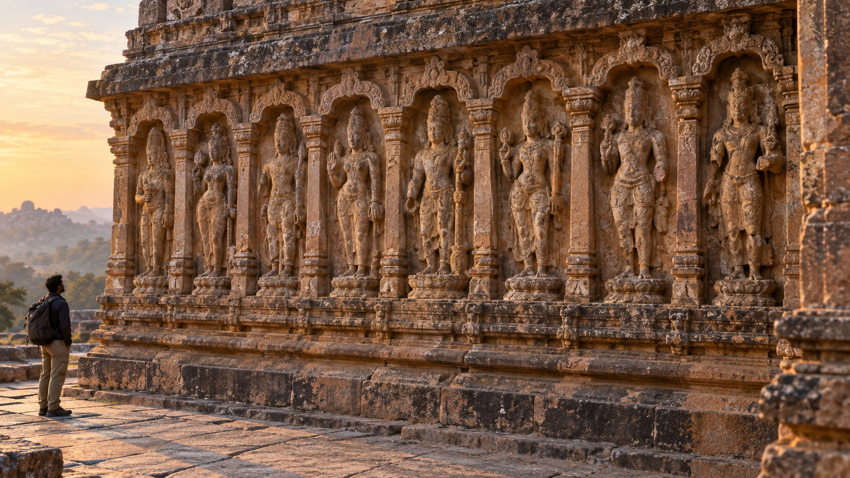 A visitor examines a weathered row of eight divine figures carved in adjoining niches on an Indian temple wall at sunrise.