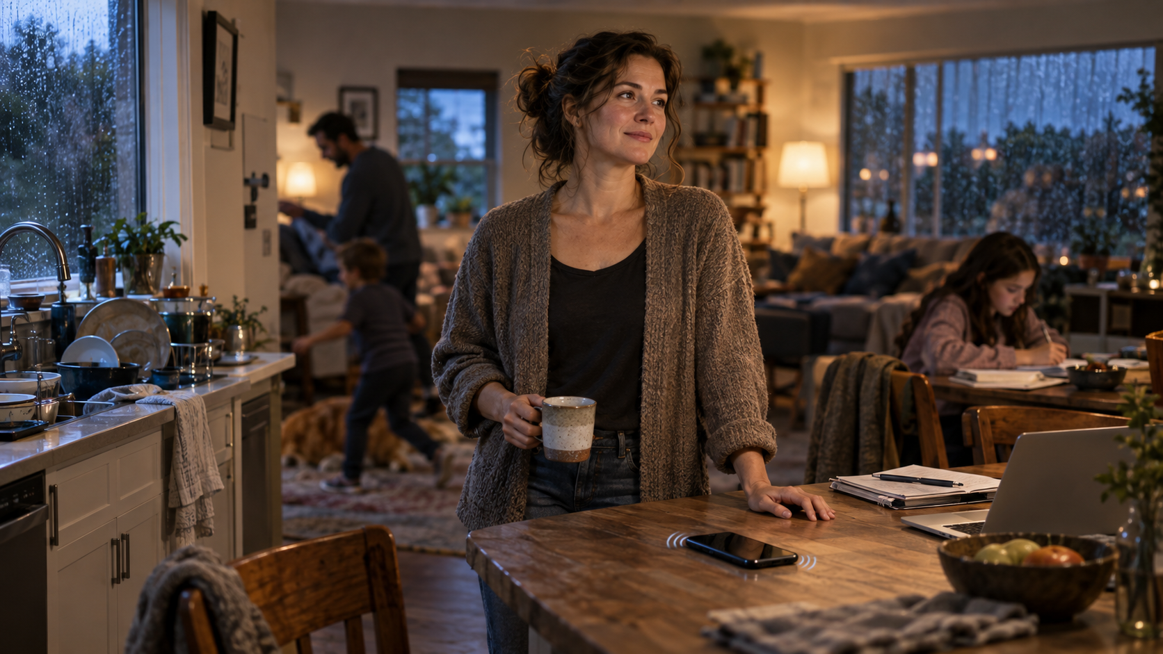 A calm person stands in a busy home while a subtle warm light illuminates their face and chest from within.