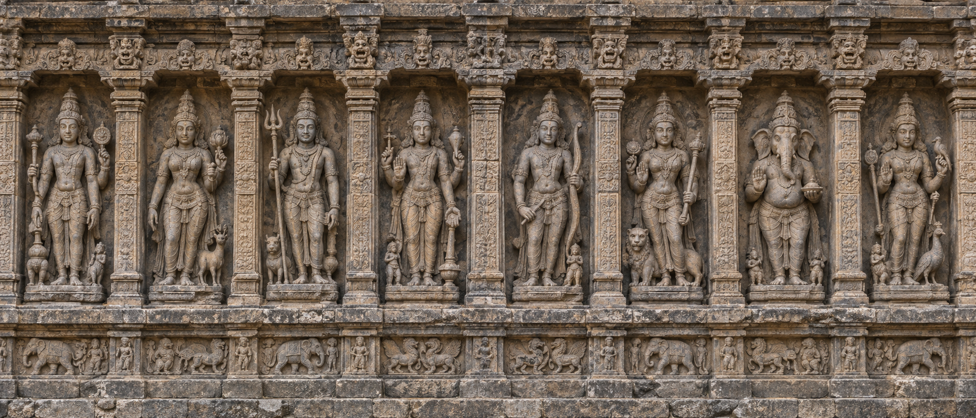 Eight weathered divine figures stand in a continuous sequence of carved niches framed by temple pilasters and moldings.