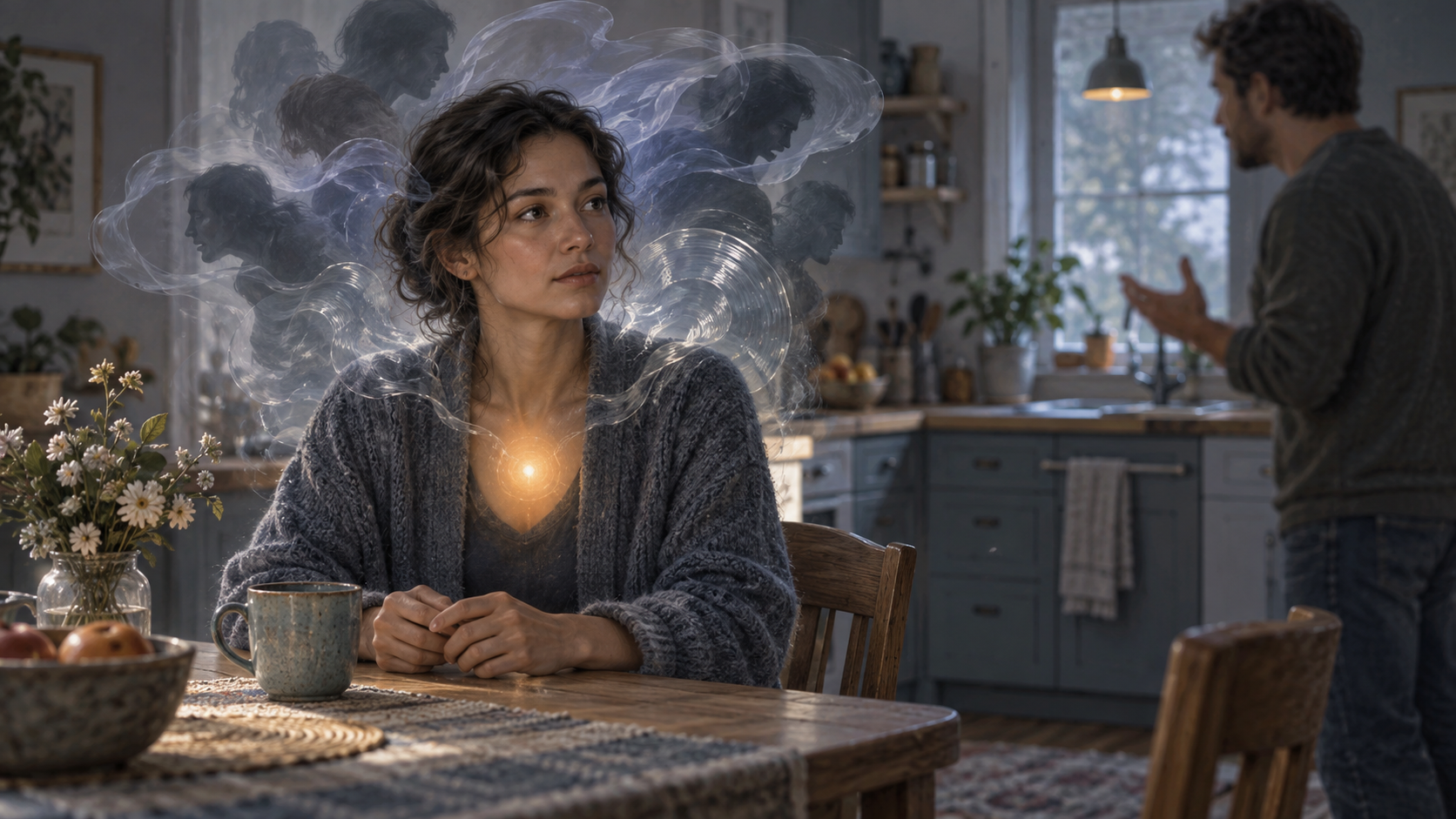 A person pauses at a kitchen table as translucent shadowy layers gather around their head and a steady warm light remains at their chest.