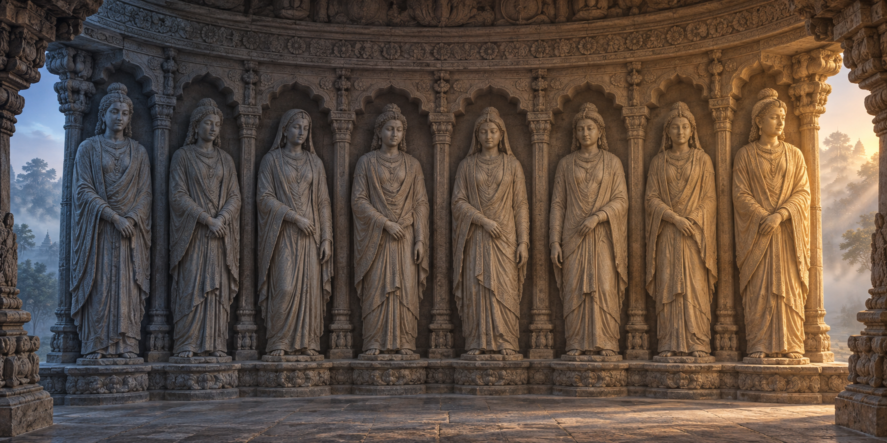 Morning light passes gradually across eight stone divine figures arranged together beneath a carved temple canopy.
