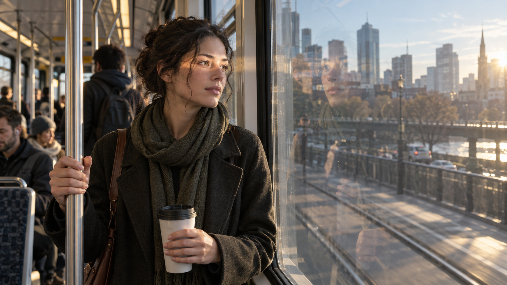 A commuter calmly observes their reflection in a streetcar window while other passengers and the city appear around them.