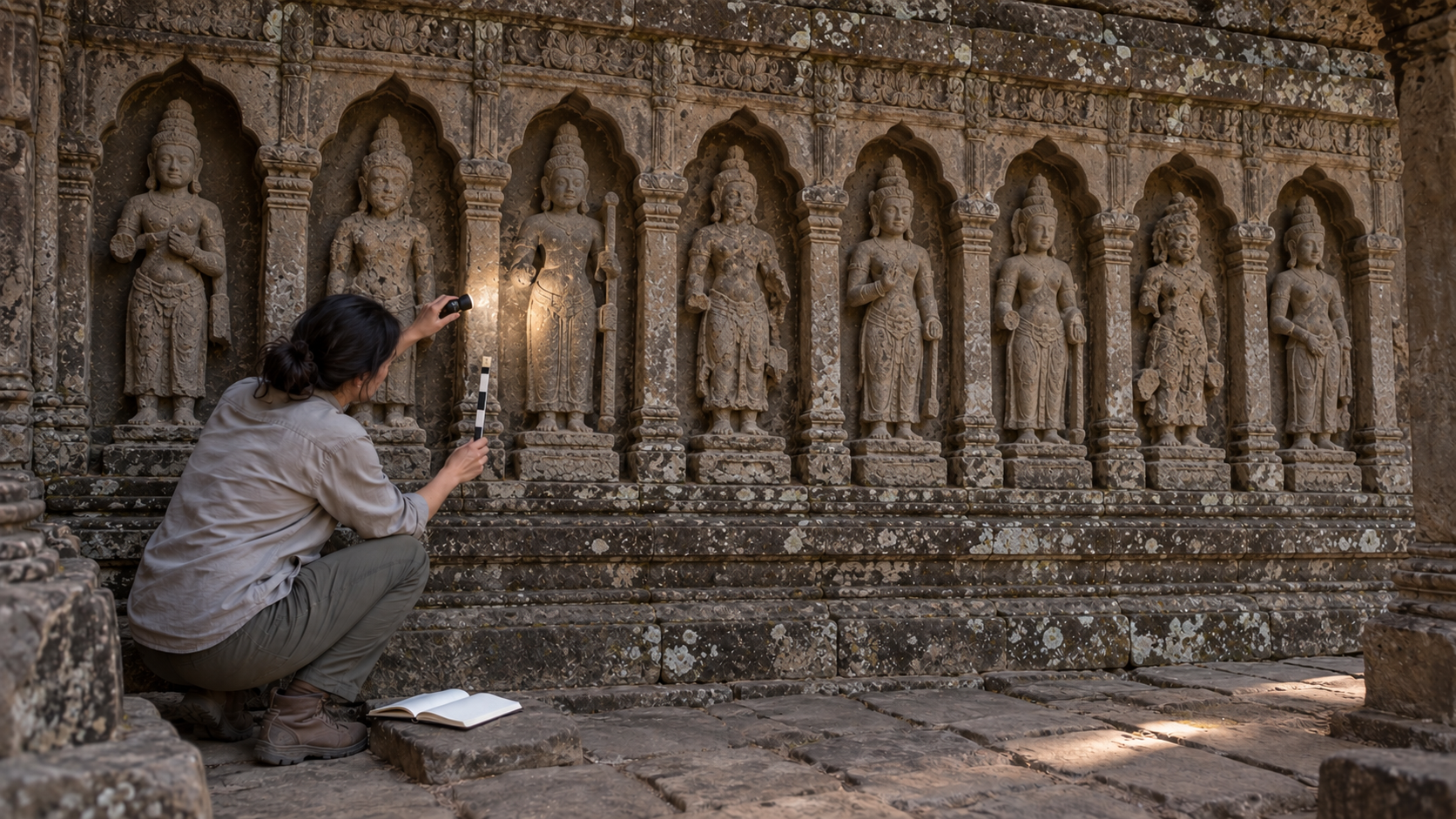 A researcher uses raking light to inspect one weathered niche while the full row of eight temple figures remains visible behind it.