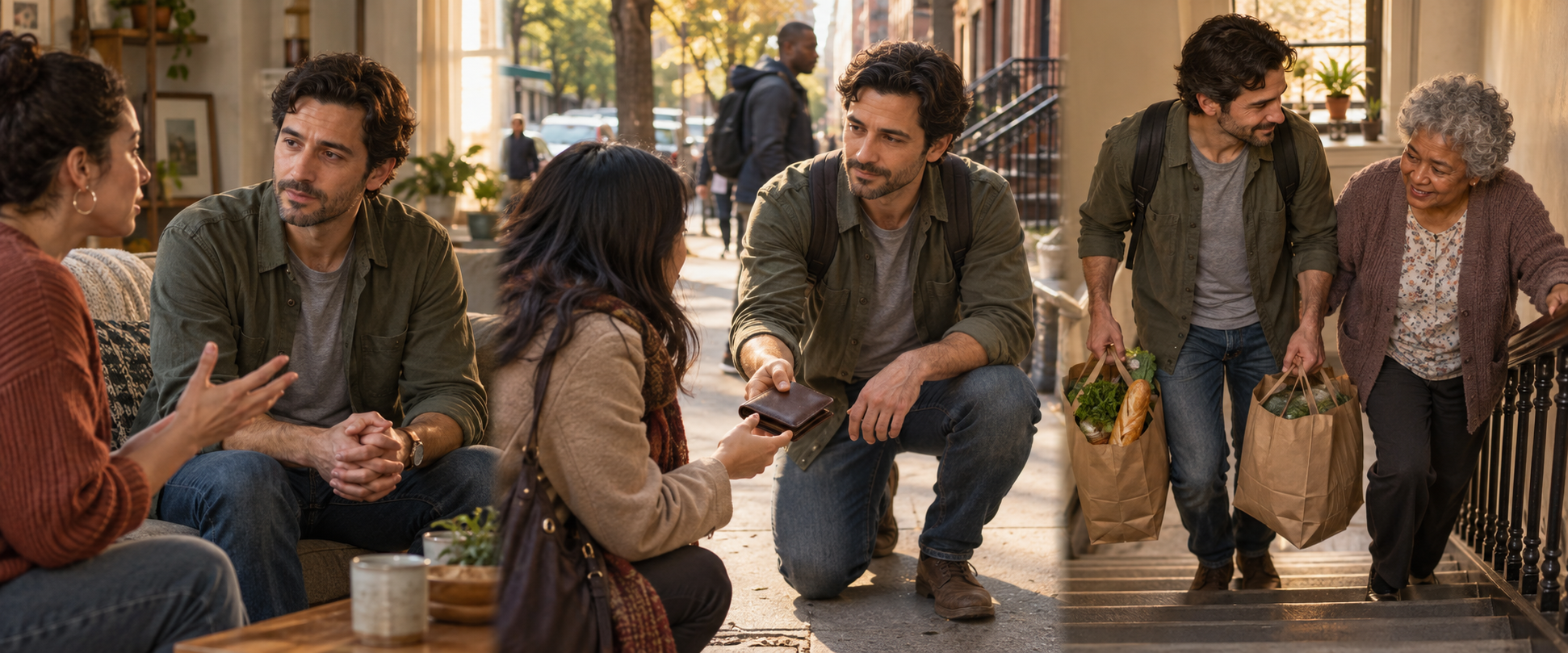 Three connected scenes show the same person listening calmly, returning a wallet, and helping an older neighbor with groceries.