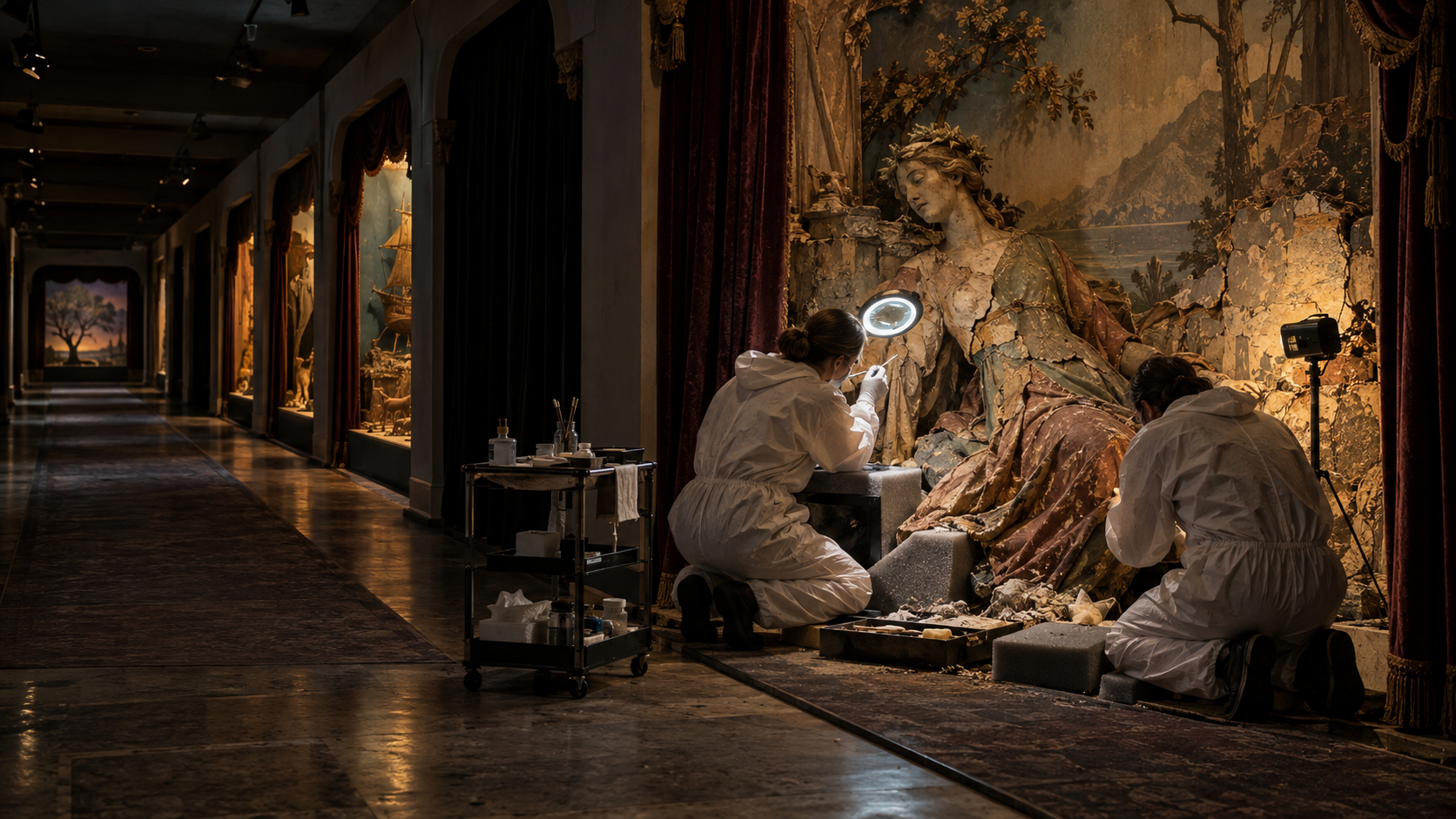 Two conservators inspect a damaged sculptural diorama in a dim museum gallery lined with multiple exhibition bays.