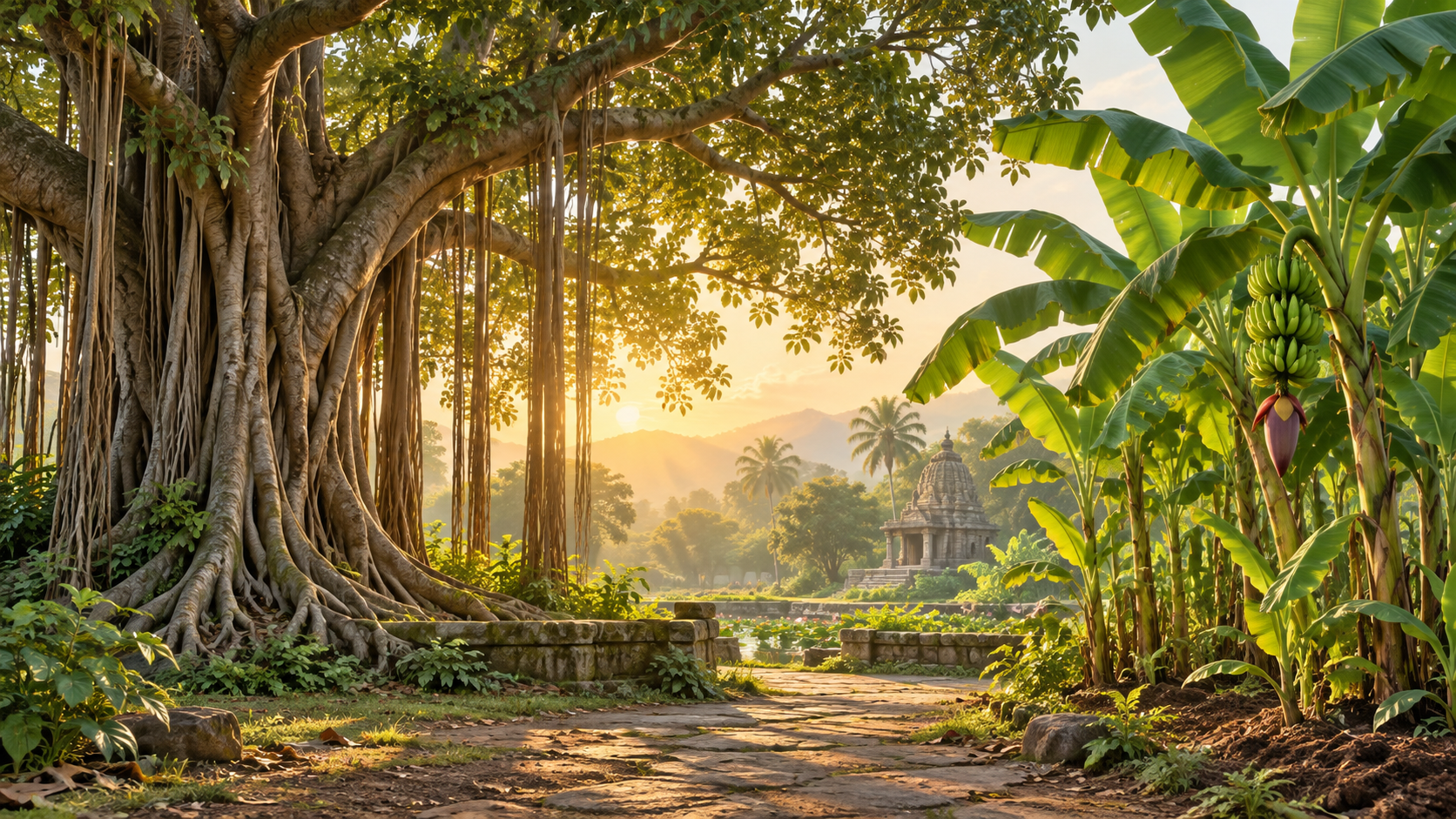 A large banyan tree with aerial roots stands beside fruiting banana plants in a sunlit temple garden.