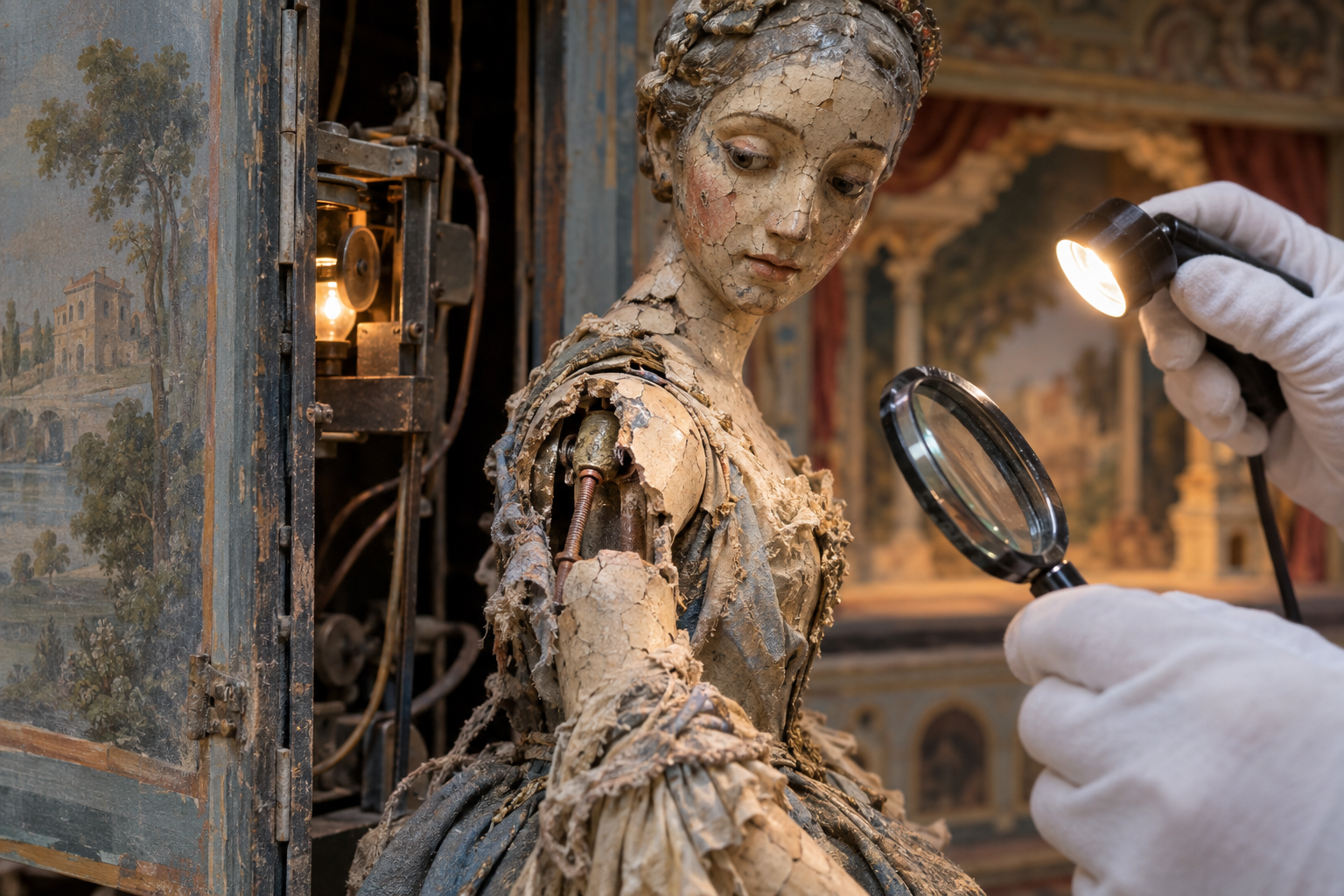 Gloved hands inspect cracks, lifting paint, brittle fabric, exposed wire, and a corroded armature in an aging diorama figure.