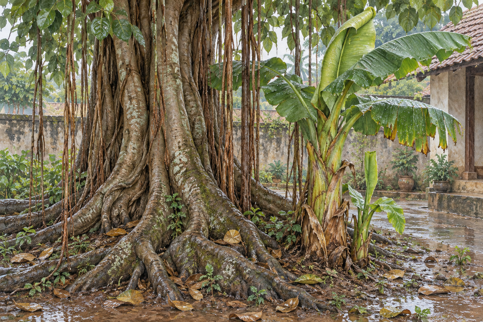 Close view of banyan roots and trunk beside a banana pseudostem, unfurling leaf, and new shoot in wet soil.
