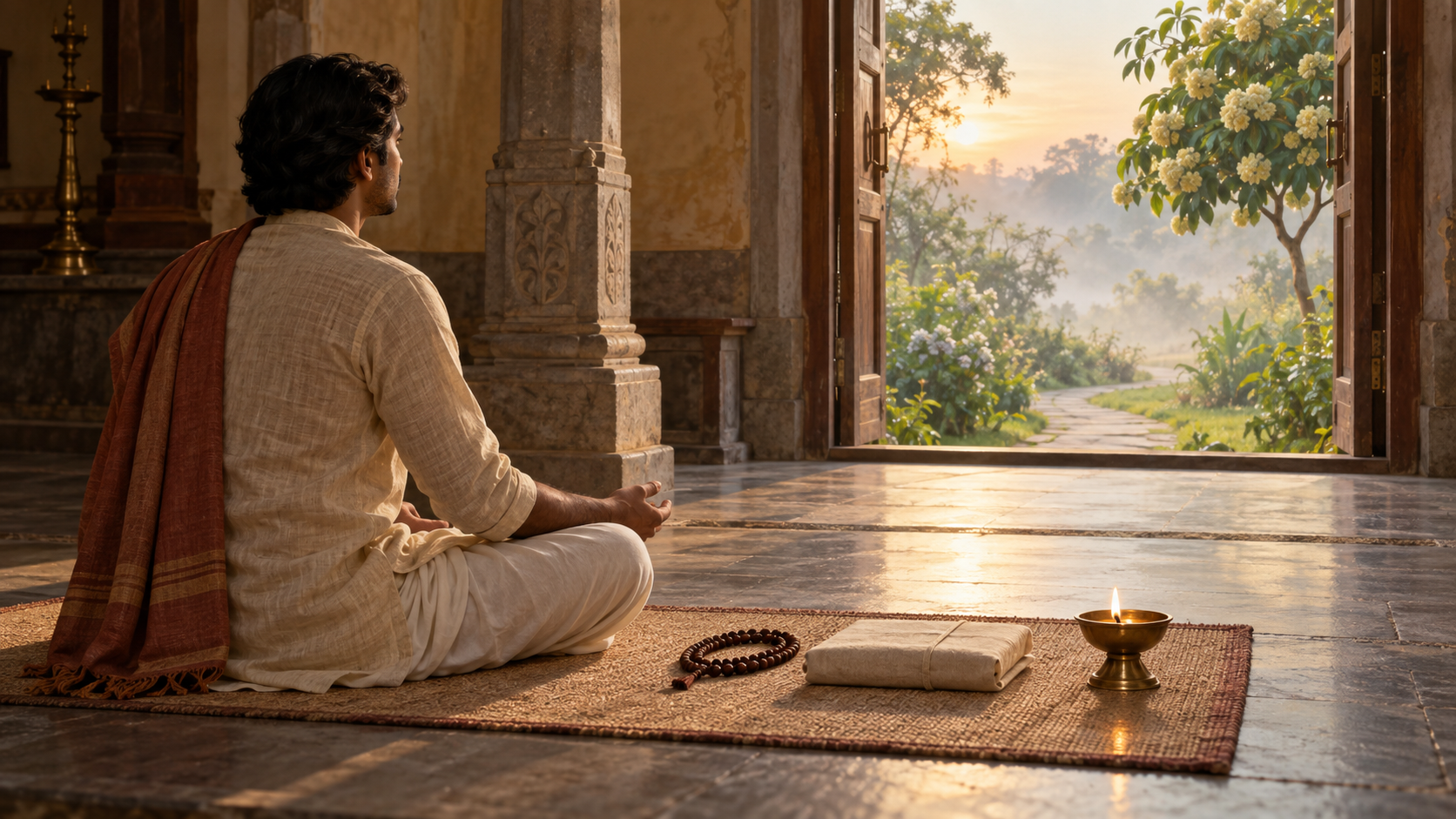 A devotee sits beside prayer beads, a wrapped scripture, and an oil lamp while an open temple doorway leads toward a sunlit flowering tree.