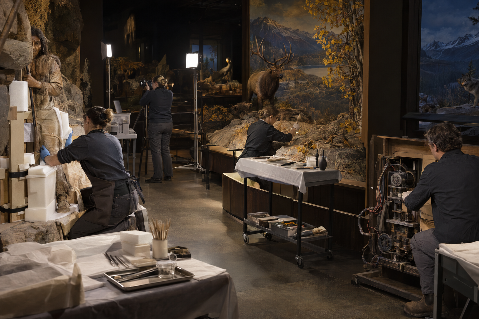 Conservators stabilize figures, clean surfaces, photograph damage, and inspect old electrical components inside a dark diorama gallery.