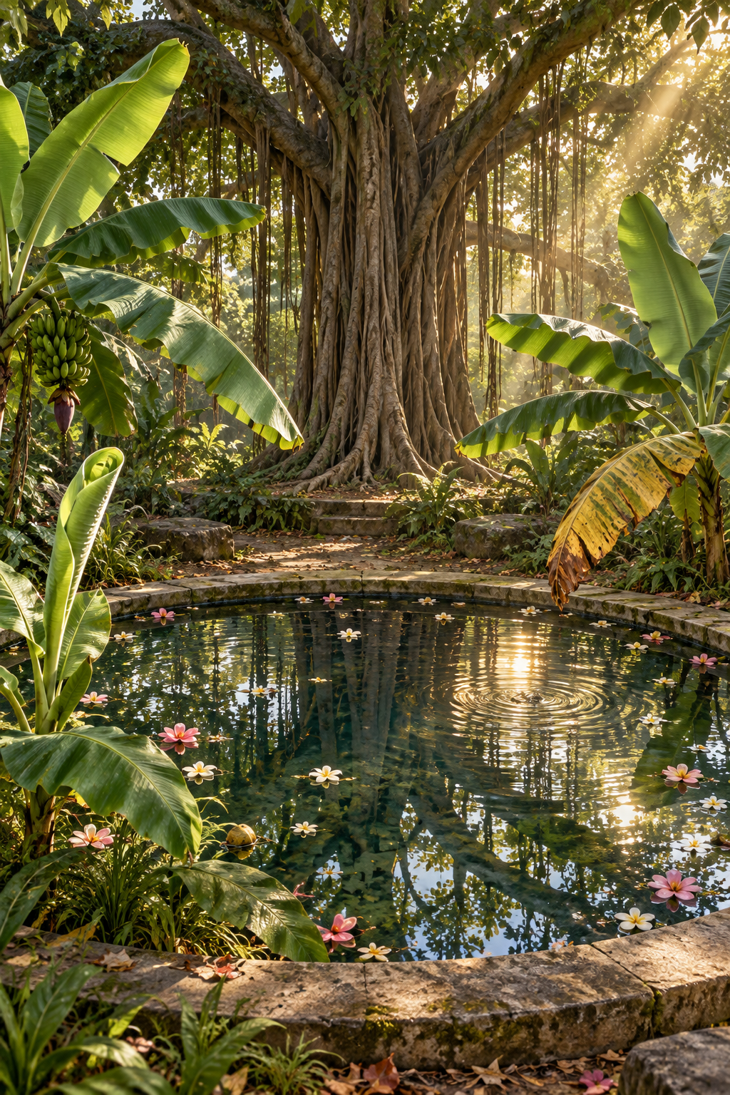 A still pool beneath a banyan reflects its branches while surrounding banana leaves move in sunlight and new shoots rise nearby.