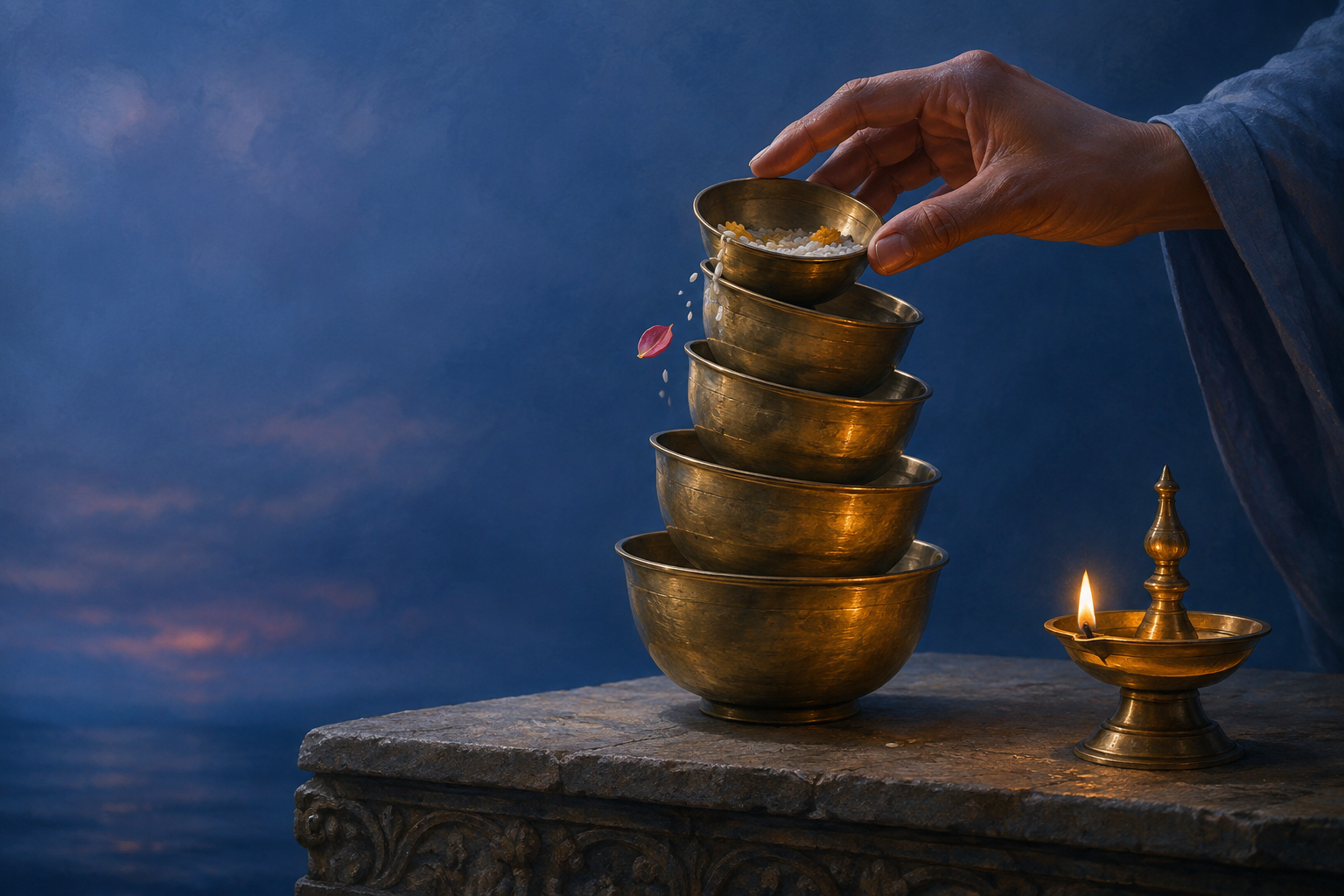 A hand steadies the top of a leaning stack of brass bowls as a petal and a few grains begin to slide.