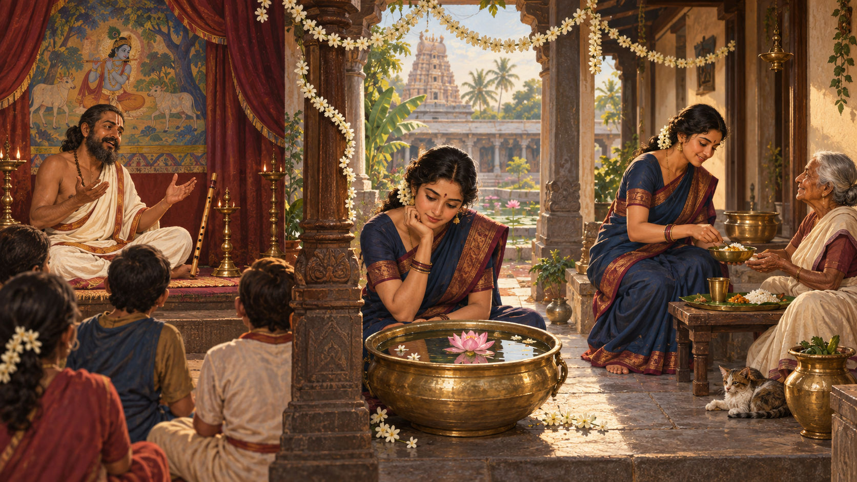 A continuous veranda scene shows devotional storytelling, contemplation of a lotus reflection, and a listener serving a meal to an older adult.