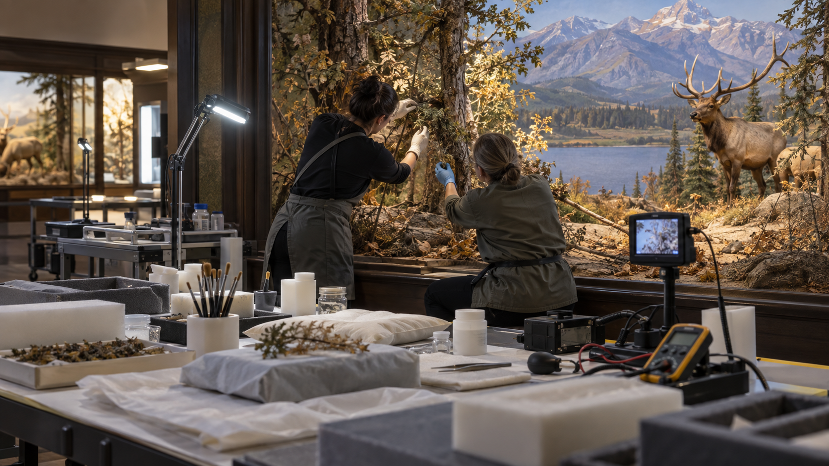 Conservators use archival supports, precision tools, inspection equipment, and low-heat lighting beside a partially restored diorama.