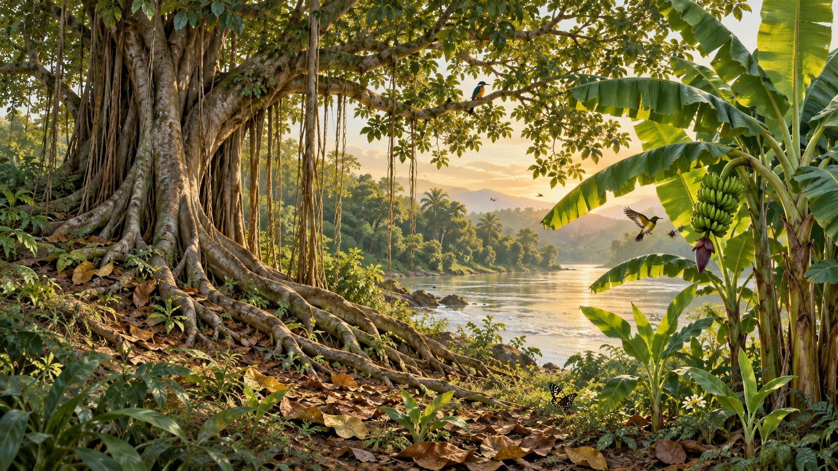 Banyan roots and banana plants overlap along a riverbank where birds and pollinators move through the shared garden.
