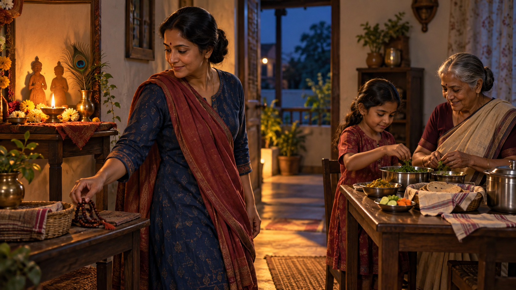 A devotee sets down prayer beads near a lamp and flowers before helping family members prepare an evening meal at home.