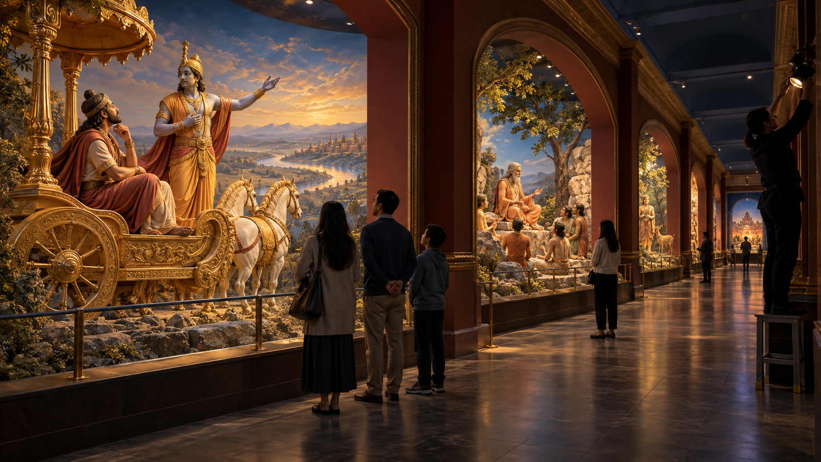 Visitors quietly view illuminated, restored spiritual dioramas in a clean museum gallery while a conservator checks the lighting.