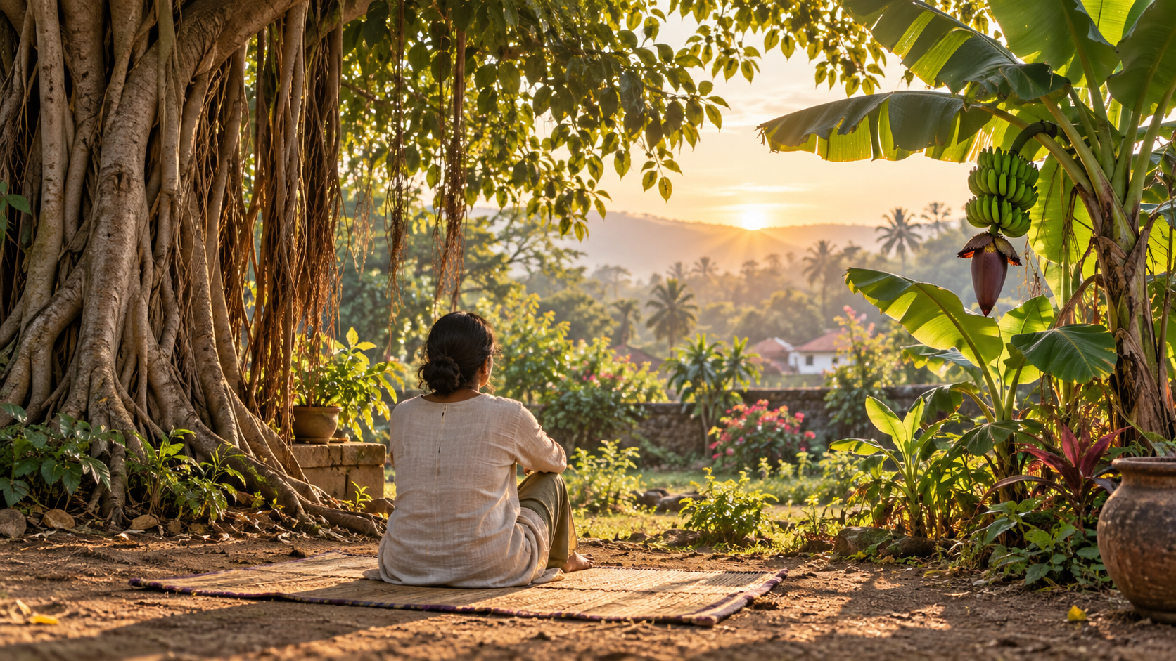 A person seated on a woven mat quietly observes a garden framed by banyan roots and banana plants at sunrise.