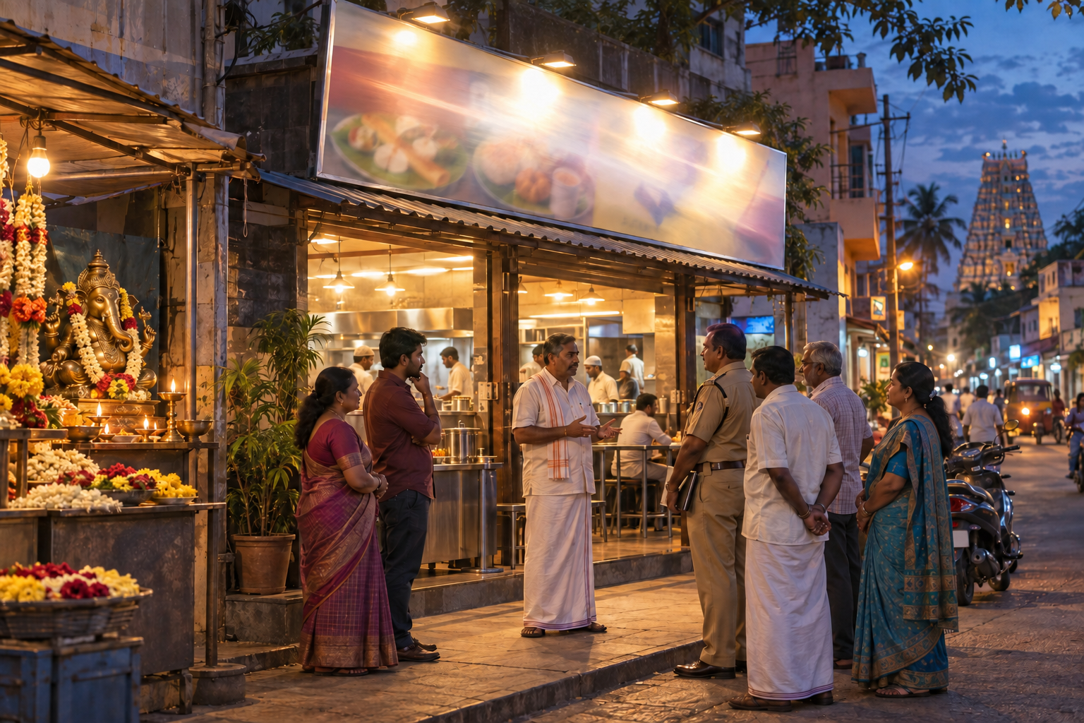 Residents and a local official speak calmly outside a Tirunelveli eatery near an obscured banner and a small Ganesh devotional display.