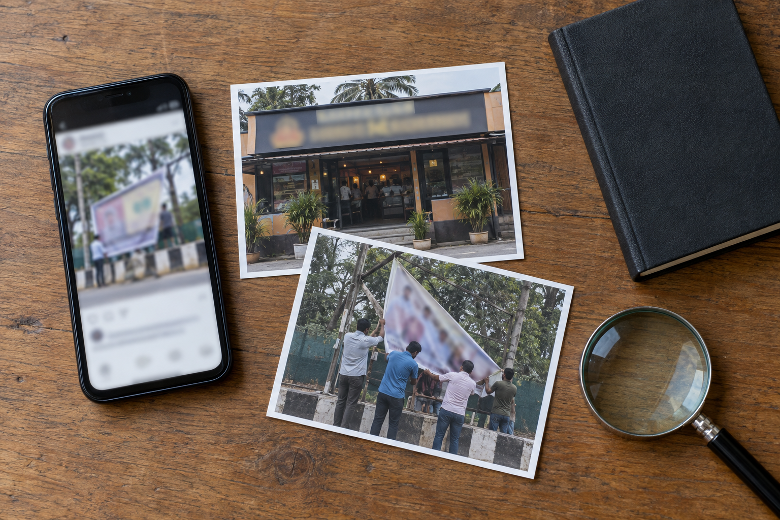 A phone with a blurred social-media image sits beside a notebook, magnifying glass, and two photographs of a restaurant and banner removal.