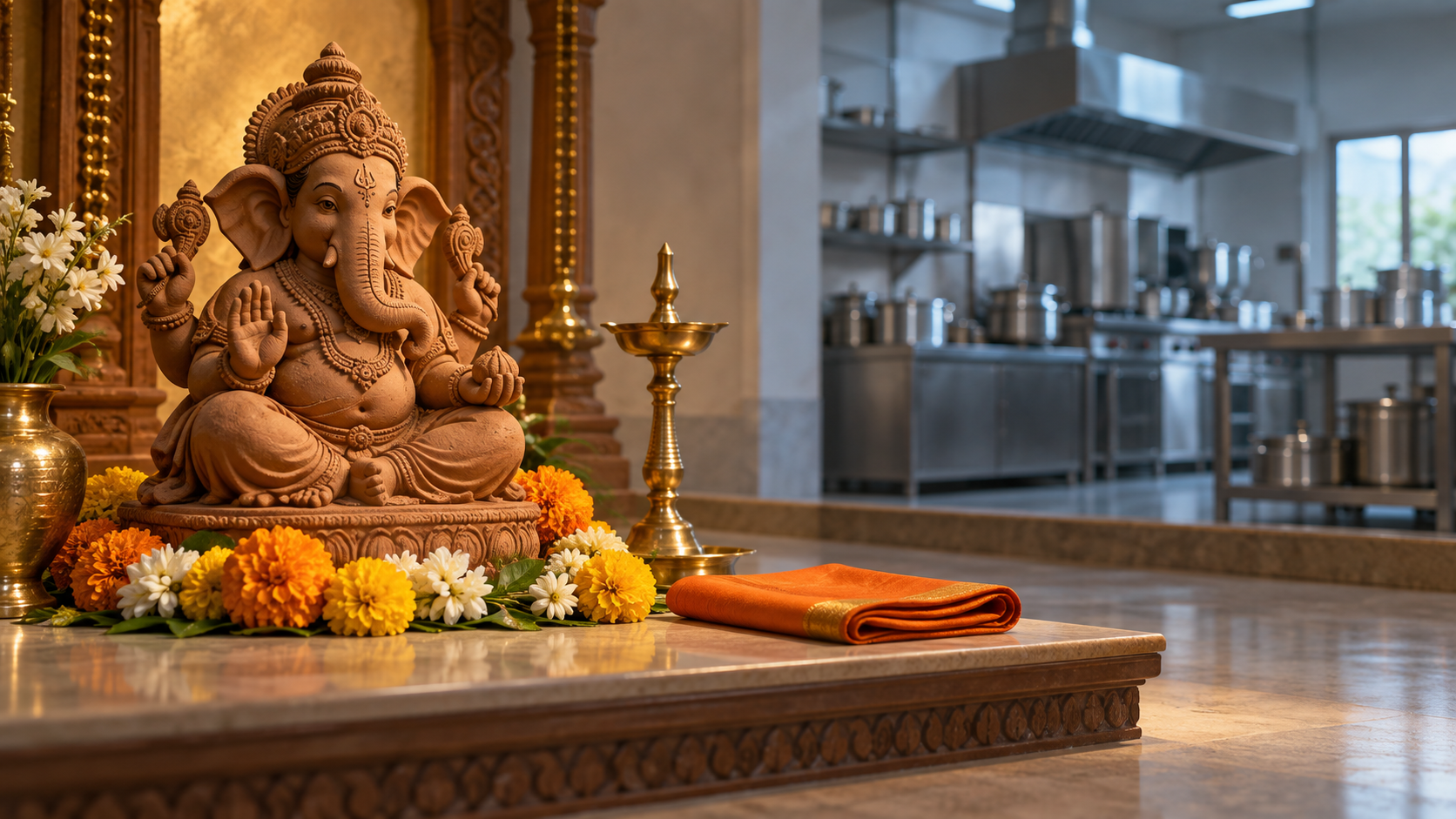 A flower-adorned clay Ganesh figure on a raised platform is visually separated from a softly blurred commercial kitchen.