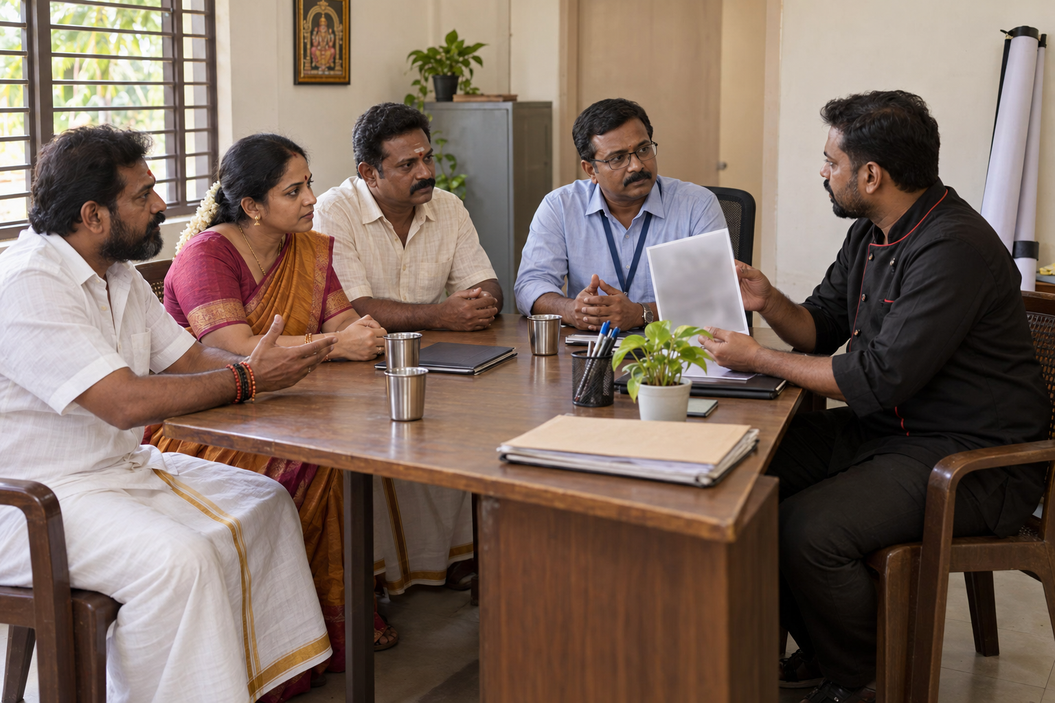 Community representatives, a restaurant manager, and a mediator discuss an obscured image at a table while a rolled banner rests nearby.