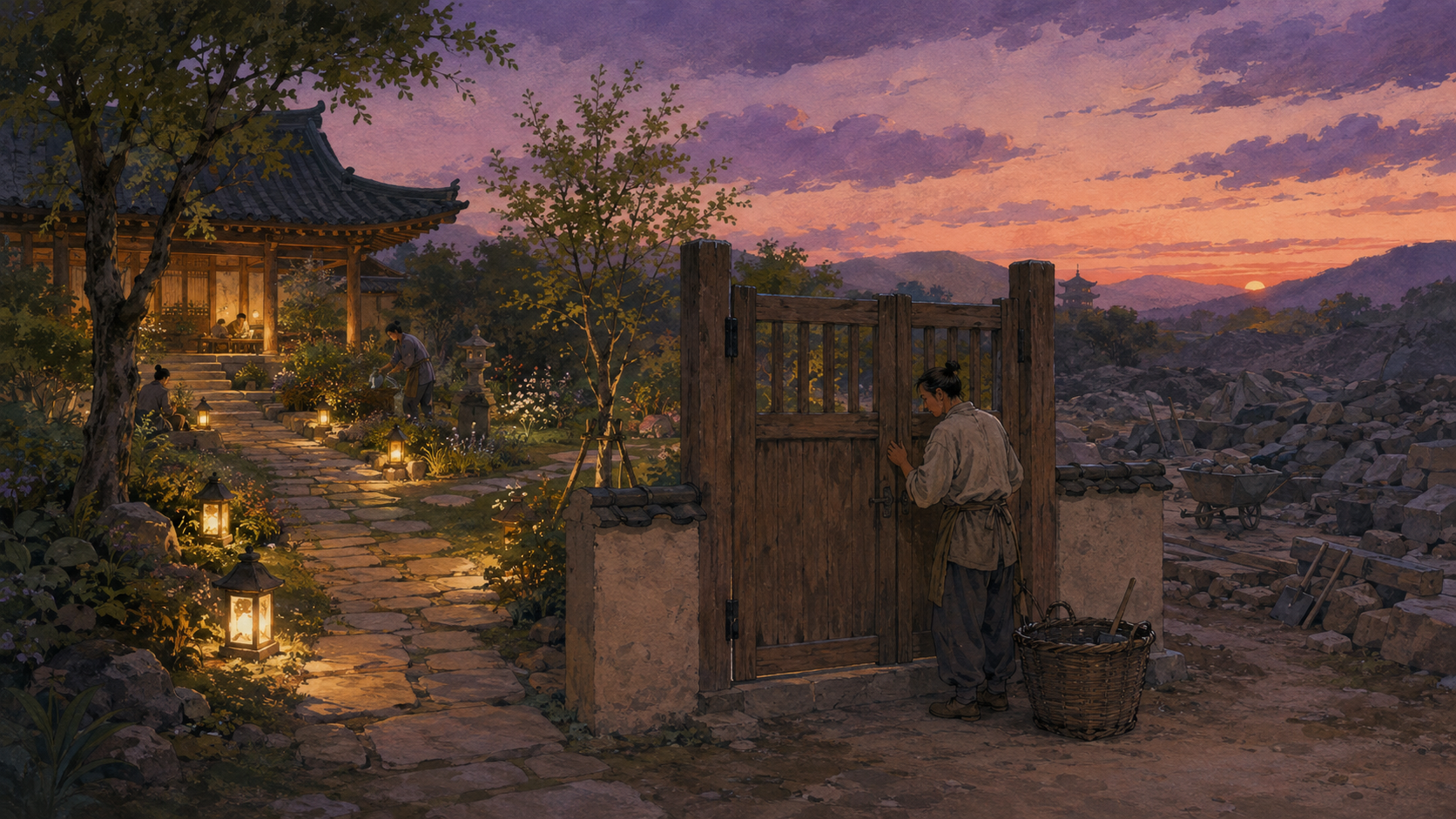 At sunset, a tired caretaker sets down a basket and closes a garden gate beside an unfinished stone path lit by small lamps.