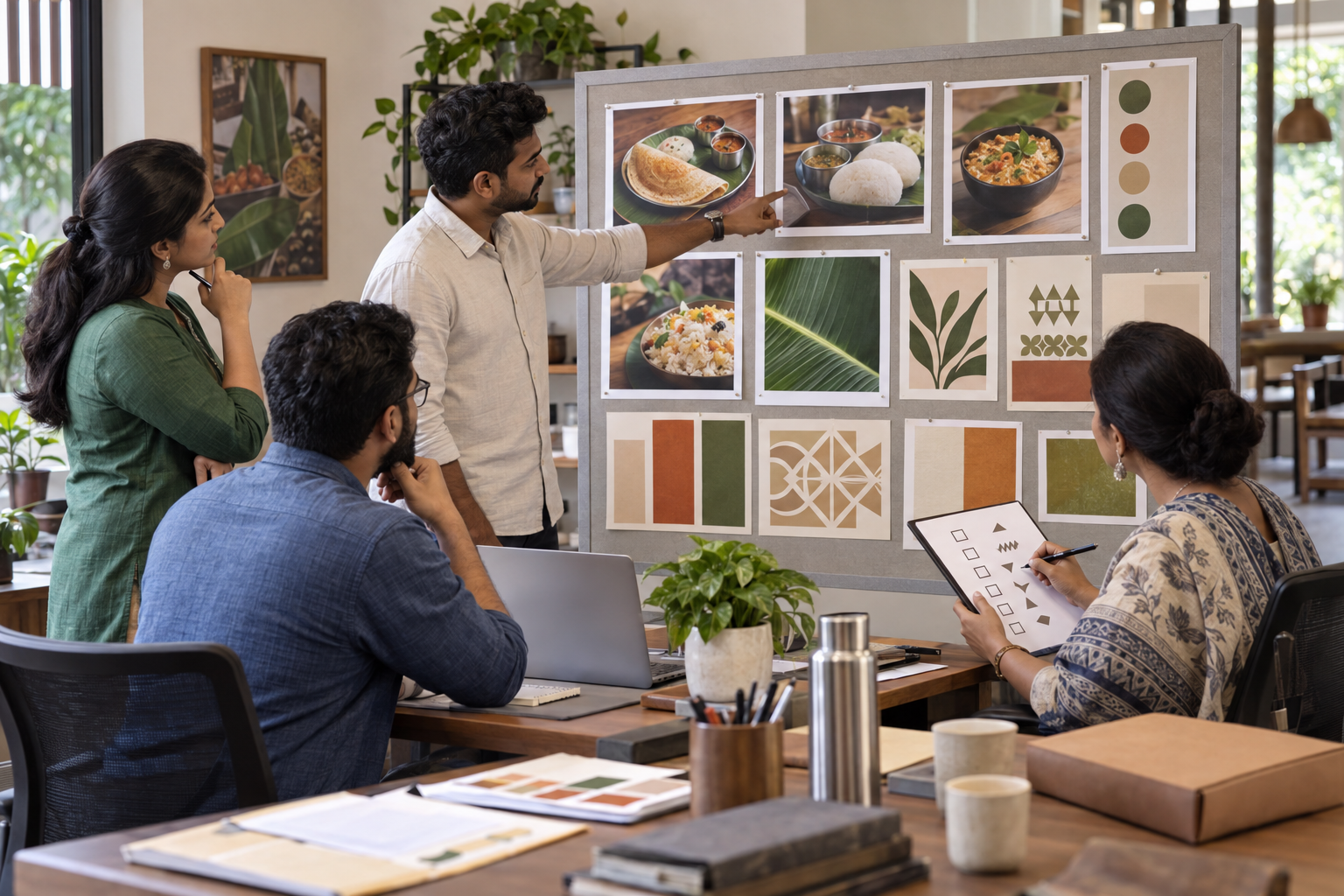 A restaurant review team examines generic advertisement mockups while religious-symbol concepts are respectfully placed aside.