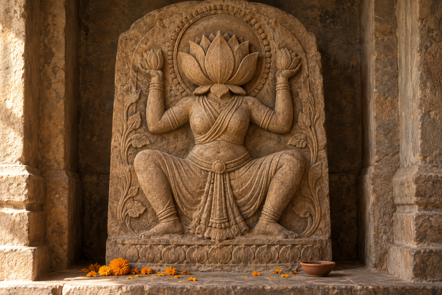 Weathered sandstone relief of a lotus-headed female figure in a symmetrical squatting posture, displayed in a softly lit alcove with flower petals and a clay lamp.