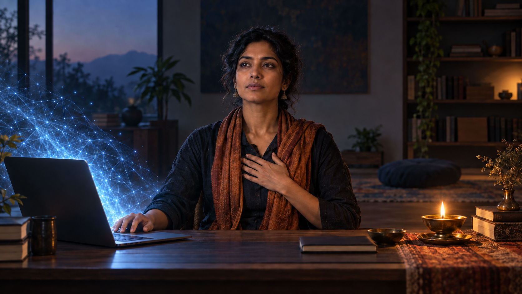 A scholar sits between a blue-lit laptop and a warm oil lamp, with one hand near the computer and the other over the heart.