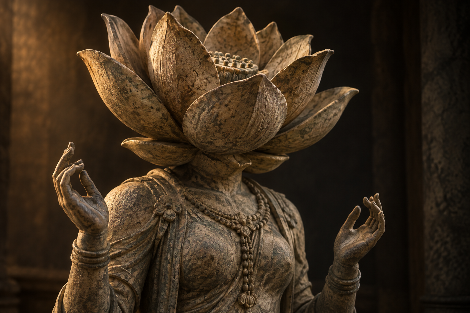 Close view of a carved stone lotus where a figure's head would be, with raised hands and shoulders visible beneath it.