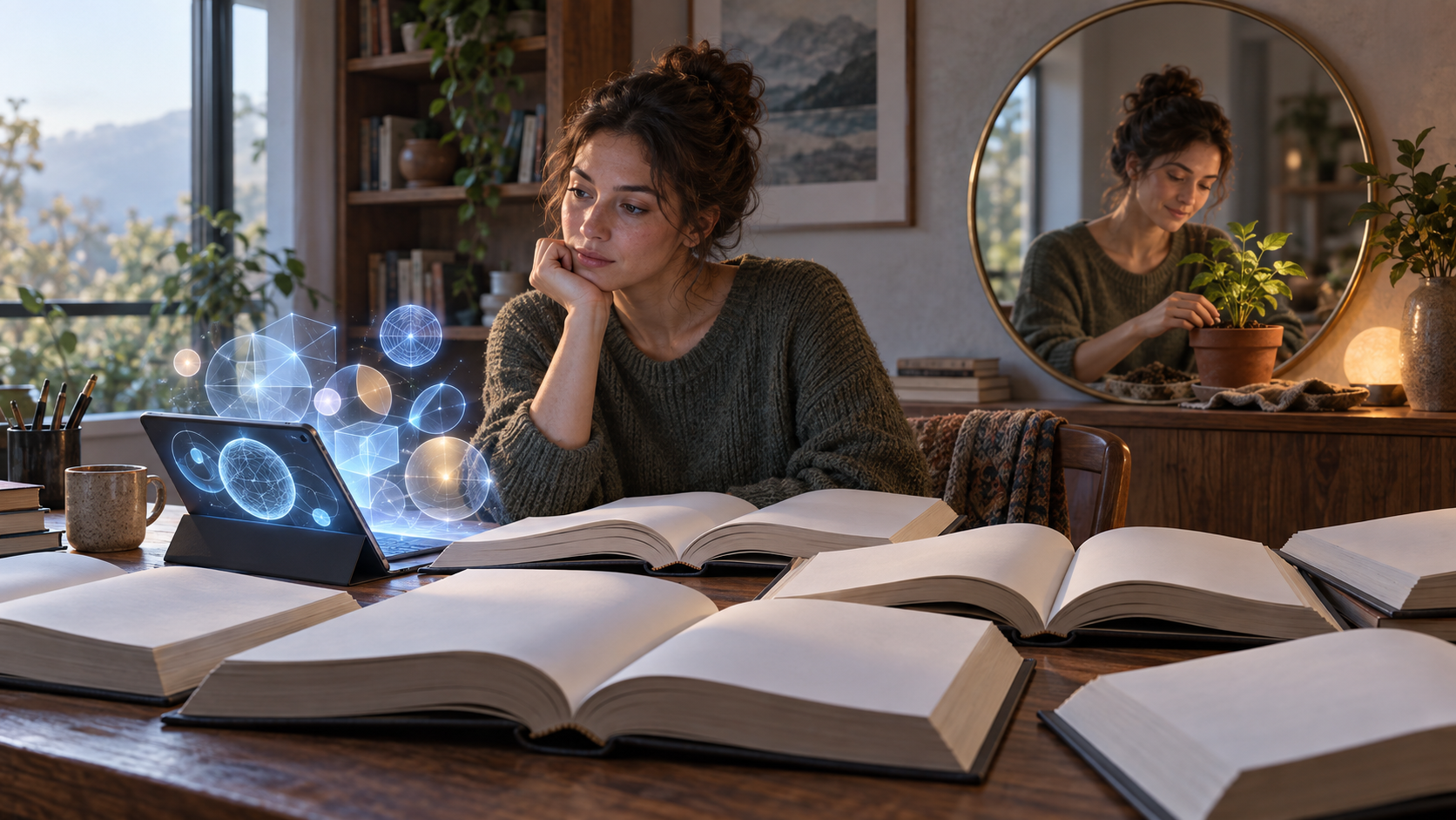 A learner sits among open books and a glowing tablet while tending a small sapling beside a metal mirror.