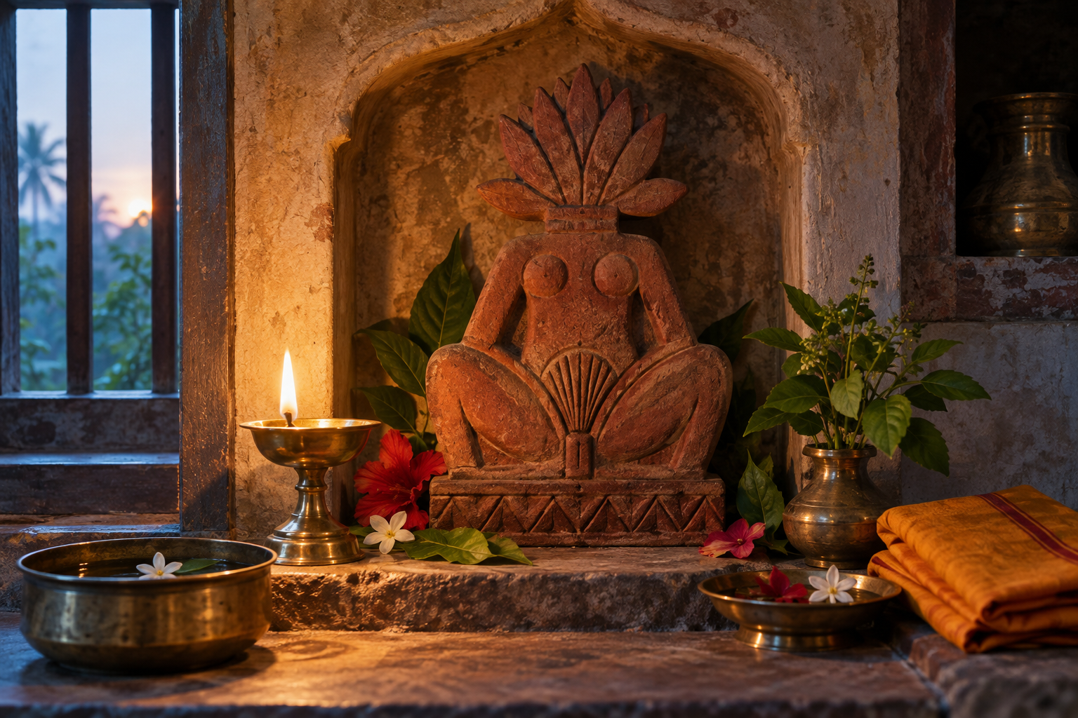 Lotus-headed terracotta female icon in a shrine niche with flower petals, leaves, a brass lamp, folded cloth, and a bowl of water.