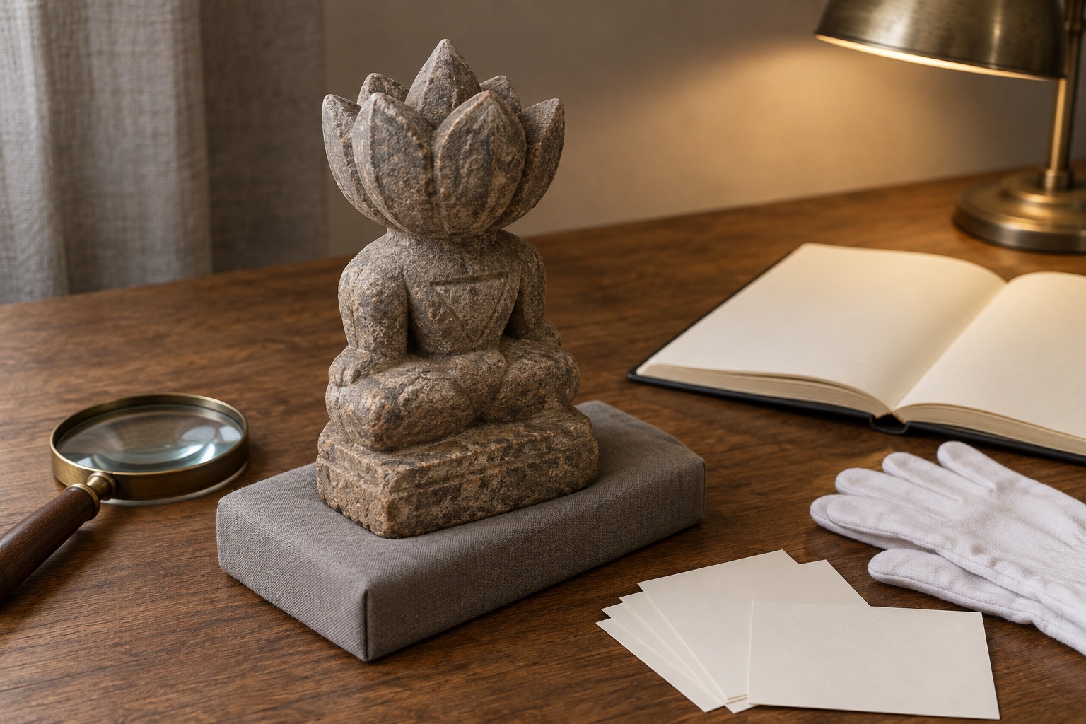 Small lotus-headed stone figure on a study table beside a magnifying glass, cotton gloves, blank cards, and an open blank notebook.