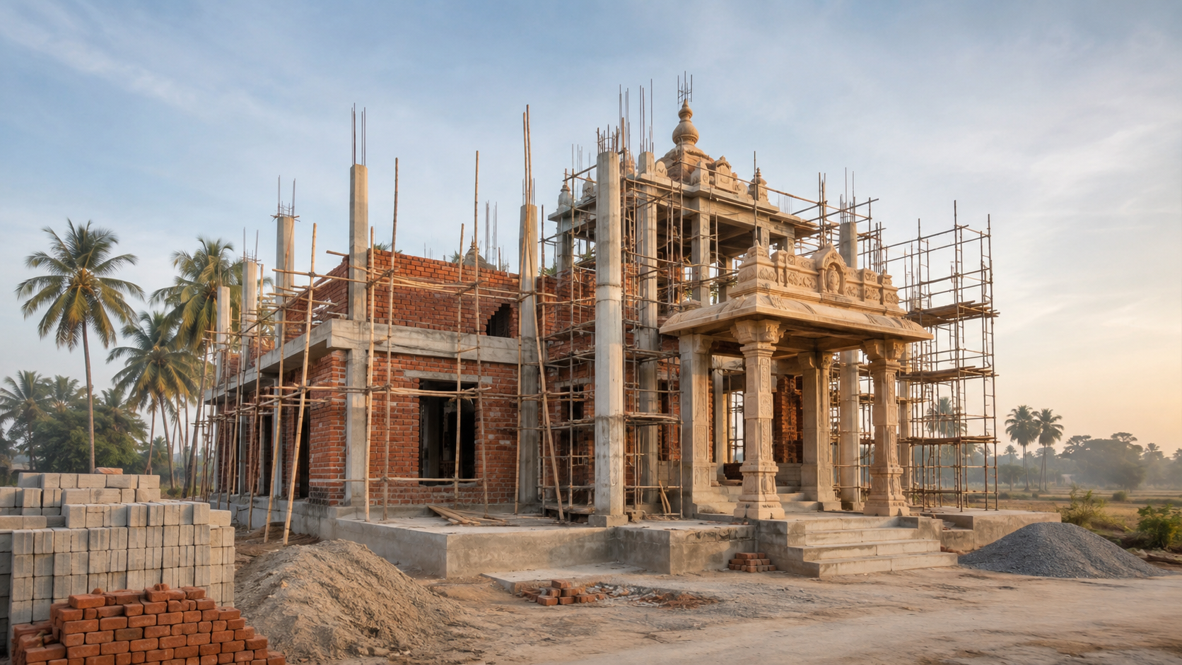 Editorial illustration of an unfinished temple complex with scaffolding, brick walls, concrete columns, and construction materials in a Tamil Nadu landscape.