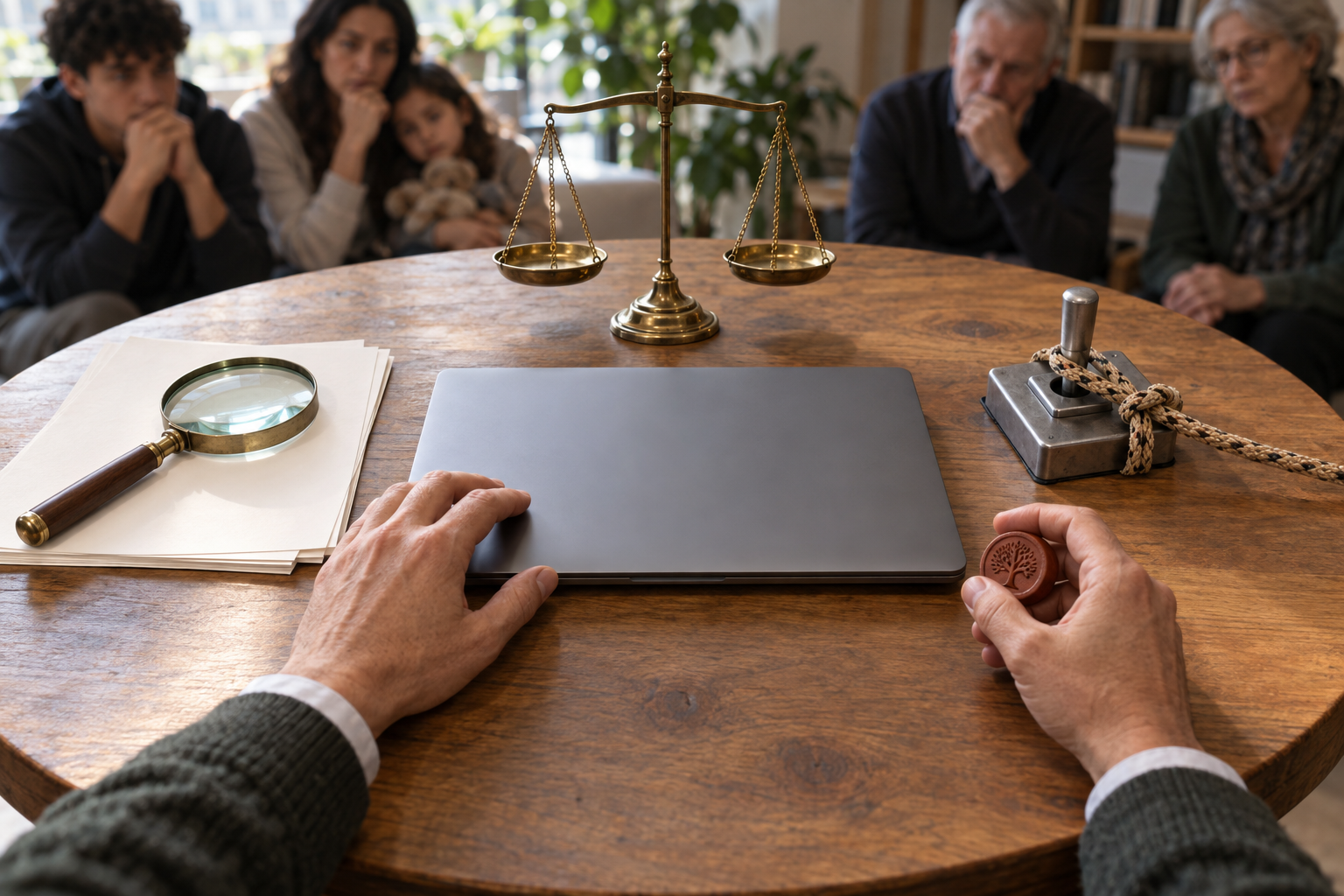 Hands pause over a closed laptop surrounded by a magnifying lens, balanced scale, restrained switch, and clay seal, with people waiting in the background.